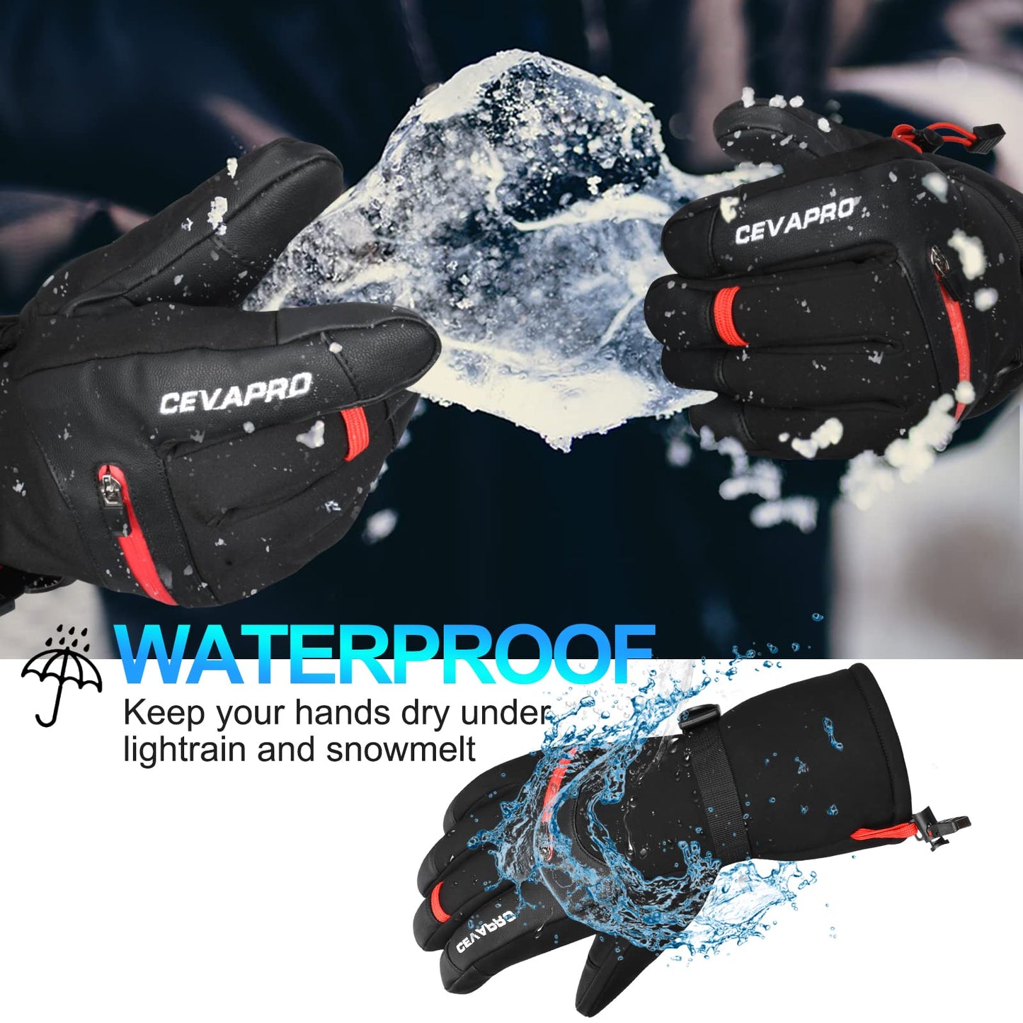 Cevapro Winter Gloves Ski Gloves for Men Women, Snow Thermal Gloves Waterproof Insulated Gloves Windproof Snowboard Gloves for Snow Skiing Snowboarding in Cold Weather