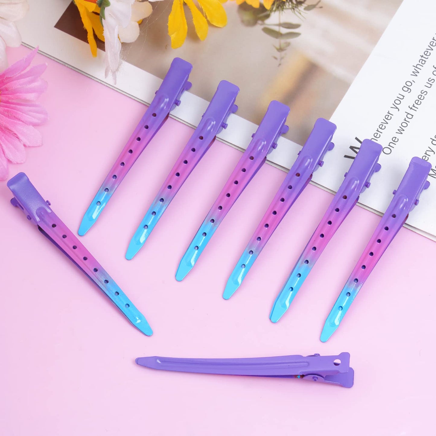 24 Packs Duck Bill Clips, Bantoye 3.35 Inches Rustproof Metal Alligator Curl Clips with Holes for Hair Styling, Hair Coloring, Gradient Purple