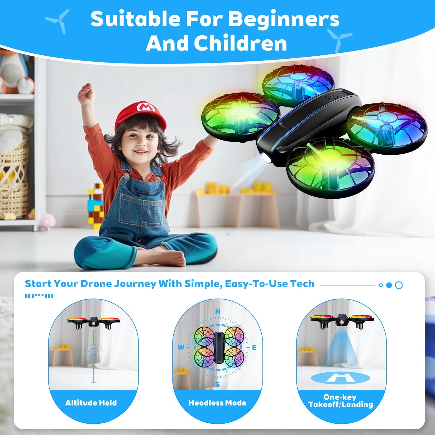 RC Drone for Kids and Beginner, Small RC Quadcopter with Lights and 3D Flip, Altitude Hold, Headless Mode, Propeller Full Protect, Easy to Fly Toys Drone for Kids Boys and Girls Gift (Black)