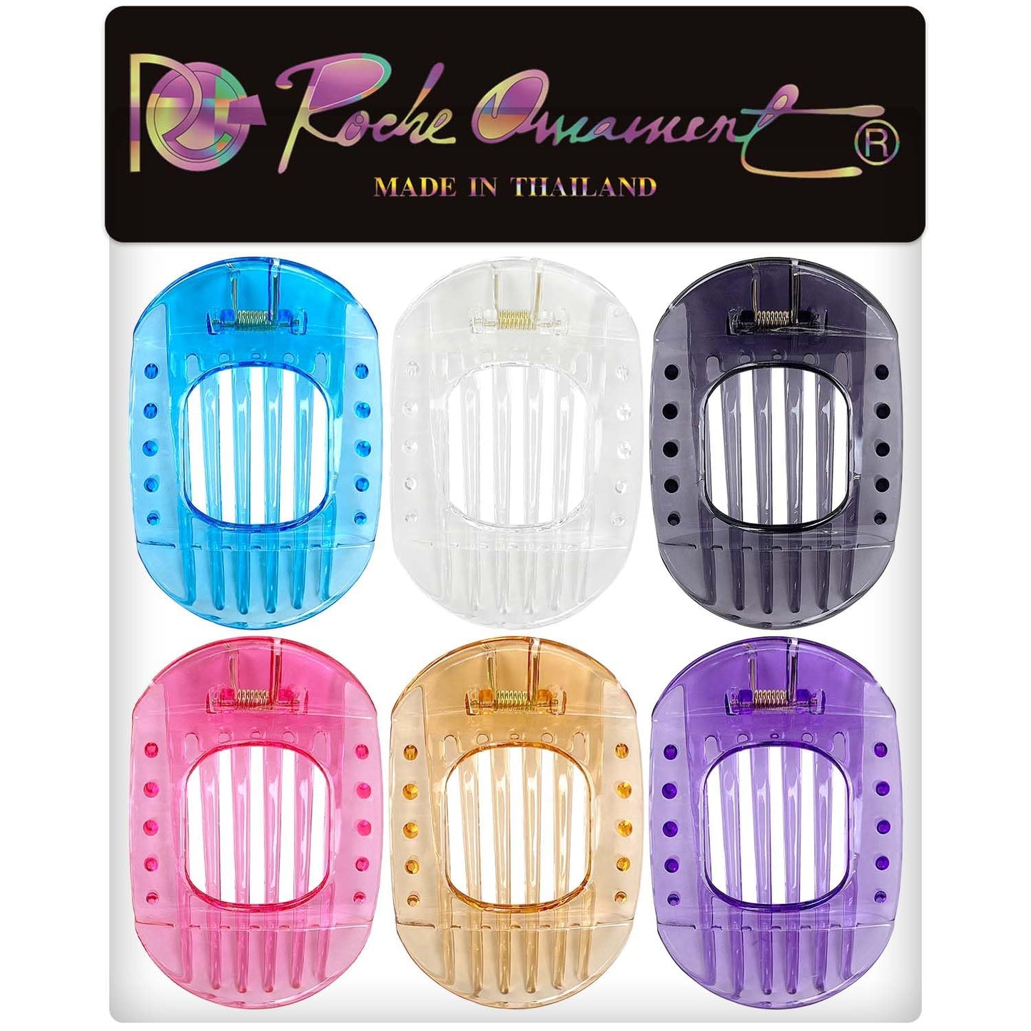 RC ROCHE ORNAMENT 6 Pcs Womens Square Strong Grip Secure Hold Inner Plastic Comfortable Curve No Slip Teeth Styling Beauty Accessory Girls Ladies Claw Clamp Clip, Medium Transparent