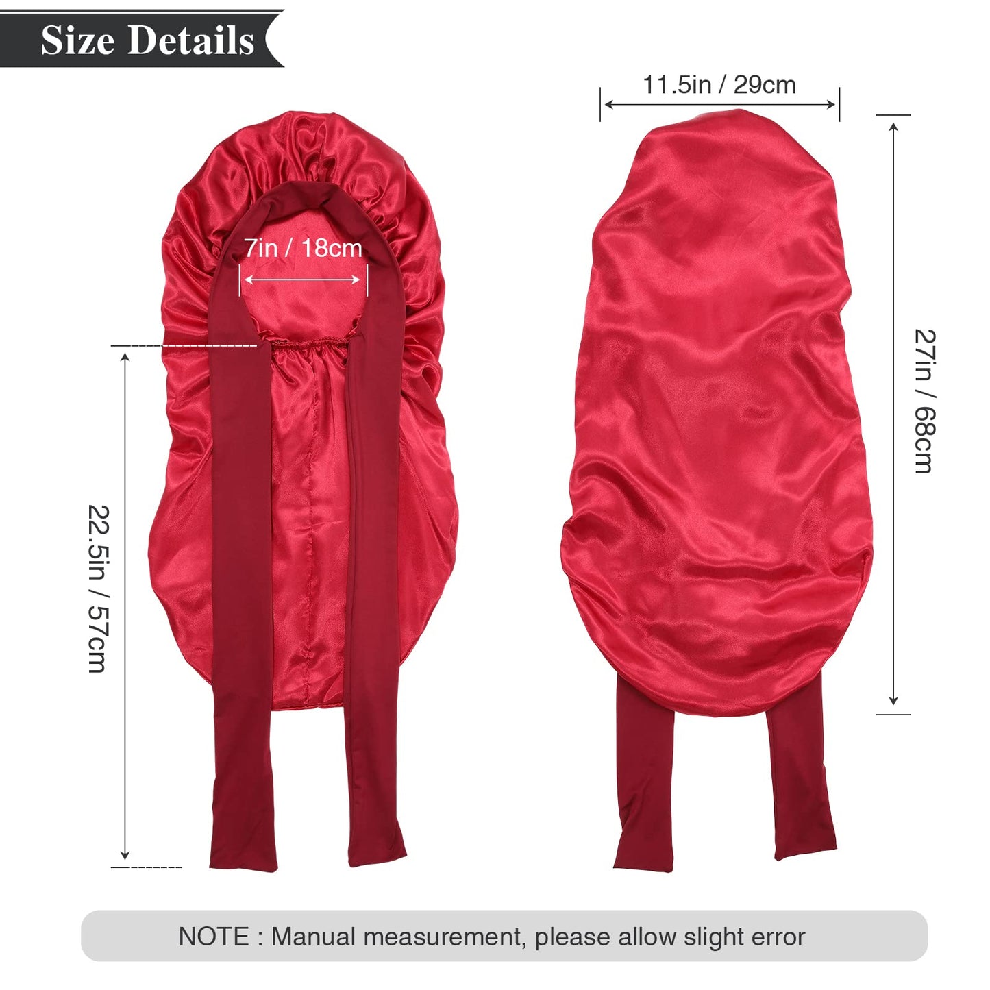 AWAYTR Long Satin Bonnet for Women - Double Layer Elastic Silk Bonnet for Braids Hair Sleeping Cap with Tie Band (Wine Red)