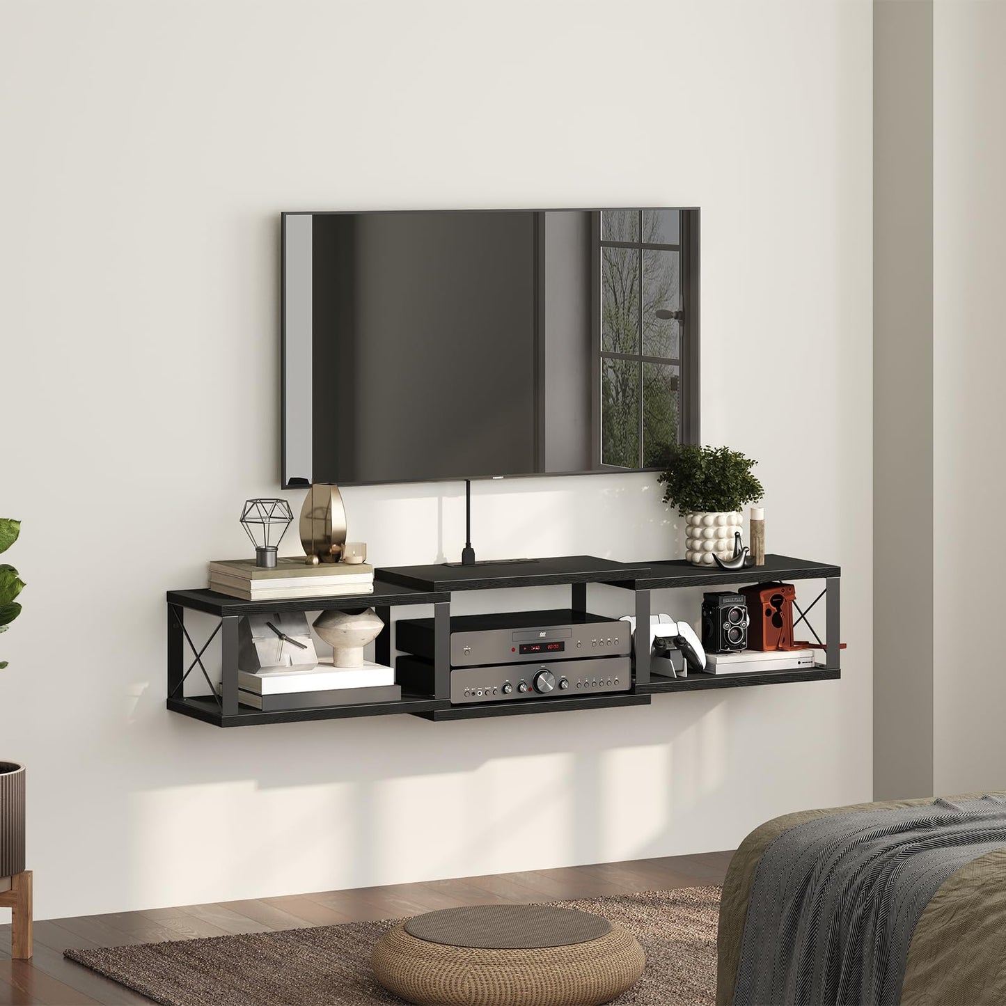 MAHANCRIS Floating TV Stand with Power Outlet, Wall-Mounted Entertainment Console Center with Storage, Floating Metal Frame TV Shelf for Under TV Storage, for Living Room, Bedroom, Black TVHB101E01