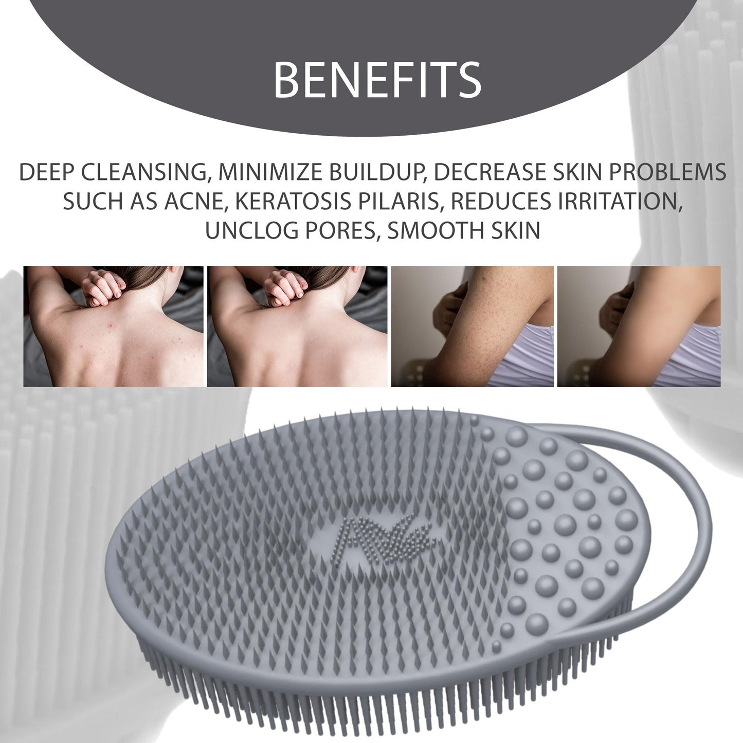 Avilana Silicone Body Scrubber – Dual-Sided Exfoliator for Men & Women, Gentle Loofah Alternative, Easy-to-Clean Silicone Shower Scrubber (S2-Gray with Silver)