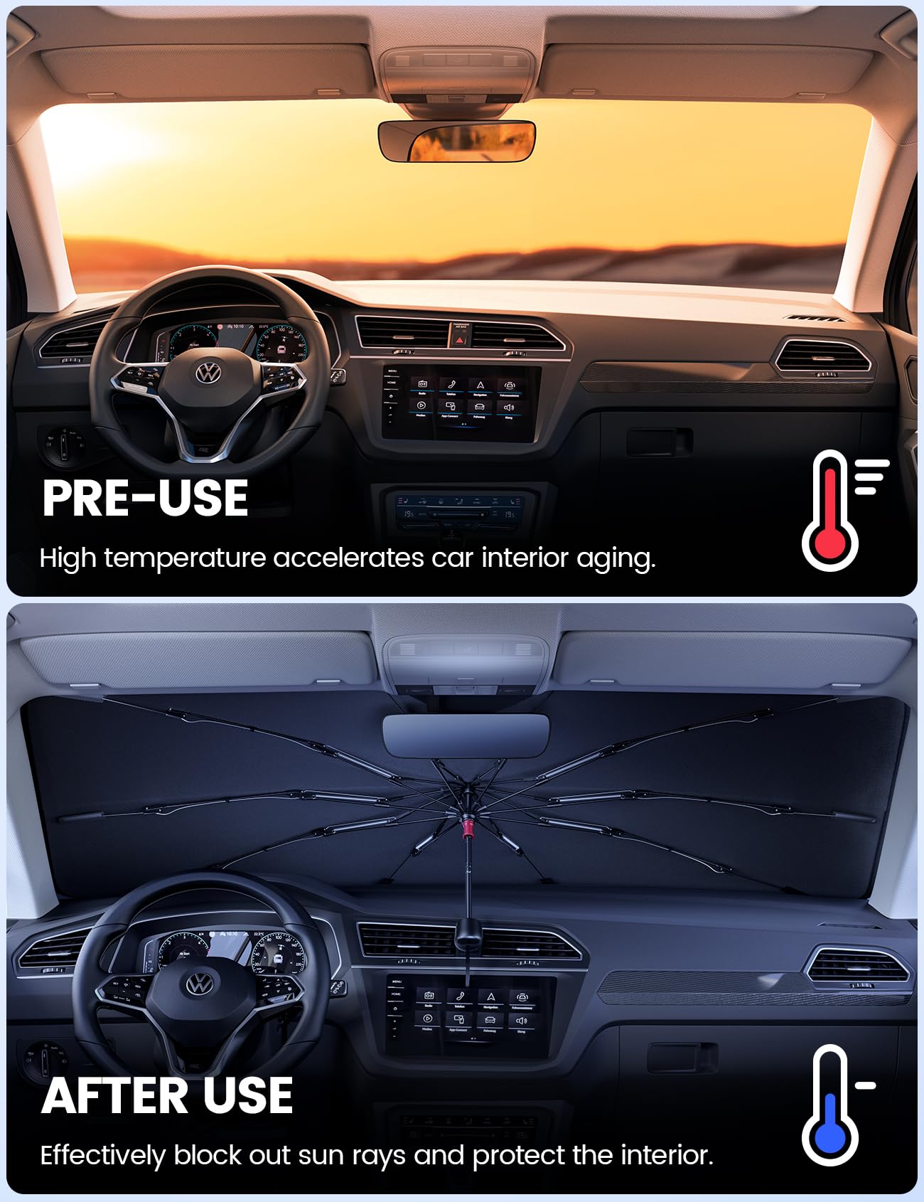 Aomiker Car Windshield Sun Shade Umbrella - [10 Fiberglass Ribs] Foldable Front Windshield Cover, Heat Insulation Protection, 5 Layers UV Block Coating, Wind Cover for SUV Auto Sedan (57"x32")