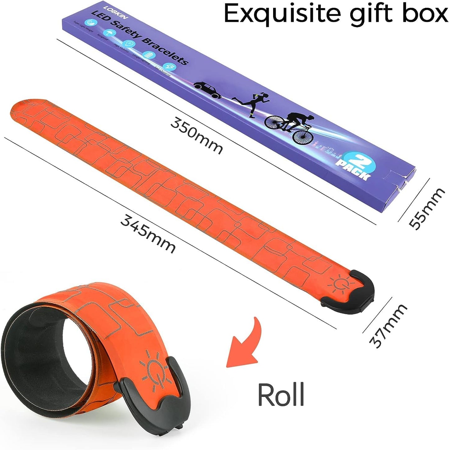 LOBKIN 2 Pcs Rechargeable Safety Bracelets - LED Slap Armband Kids Night Safe Walking Wrist Band Reflective Belt - Magic Band Running Lights Gear for Runners Joggers Bikers