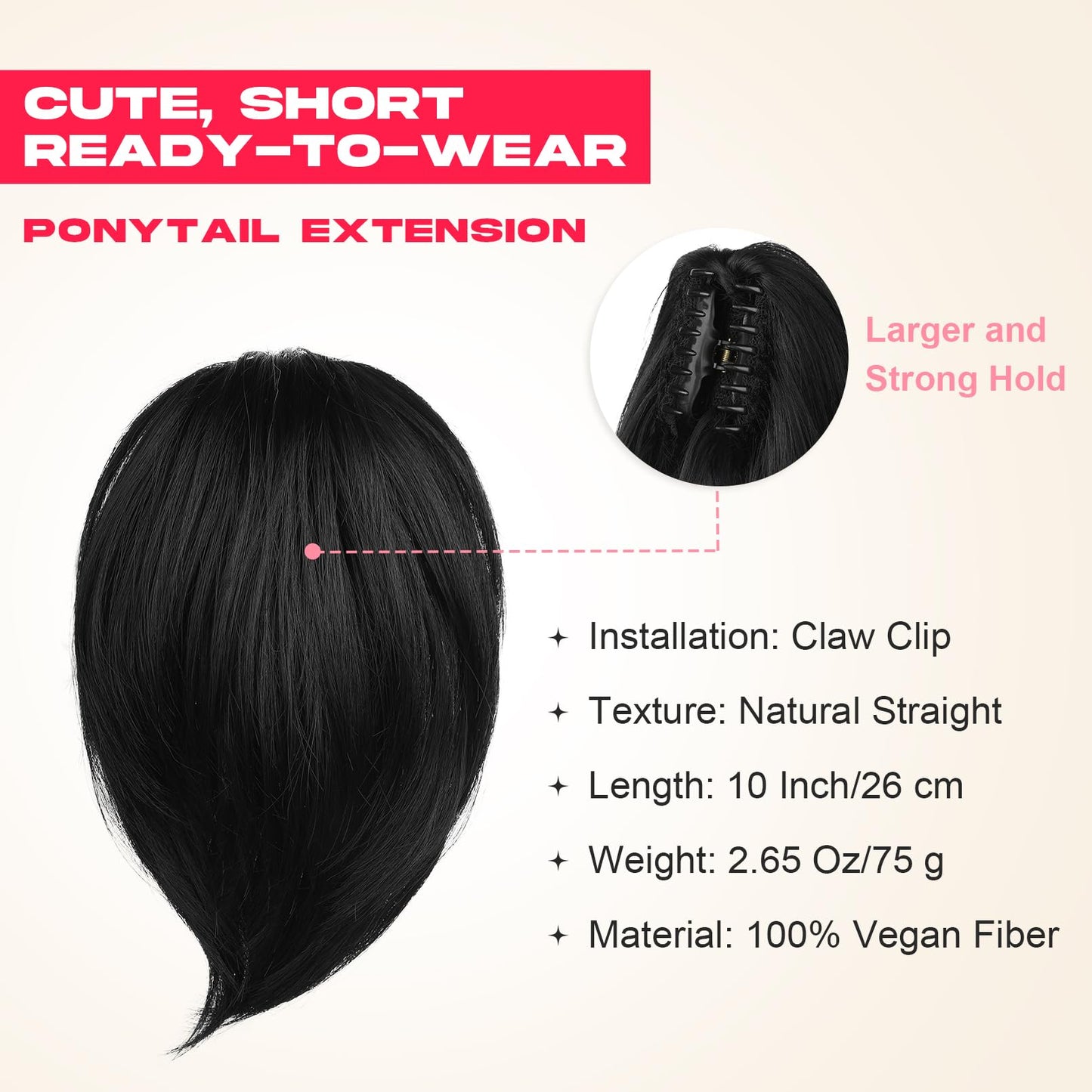 NTYNTY Ponytail Extension, 10" Short Claw Clip in Ponytail Hair Extensions Messy Bun Hair Piece Natural Soft Synthetic Straight Pony Tail Hair Pieces for Women - Black