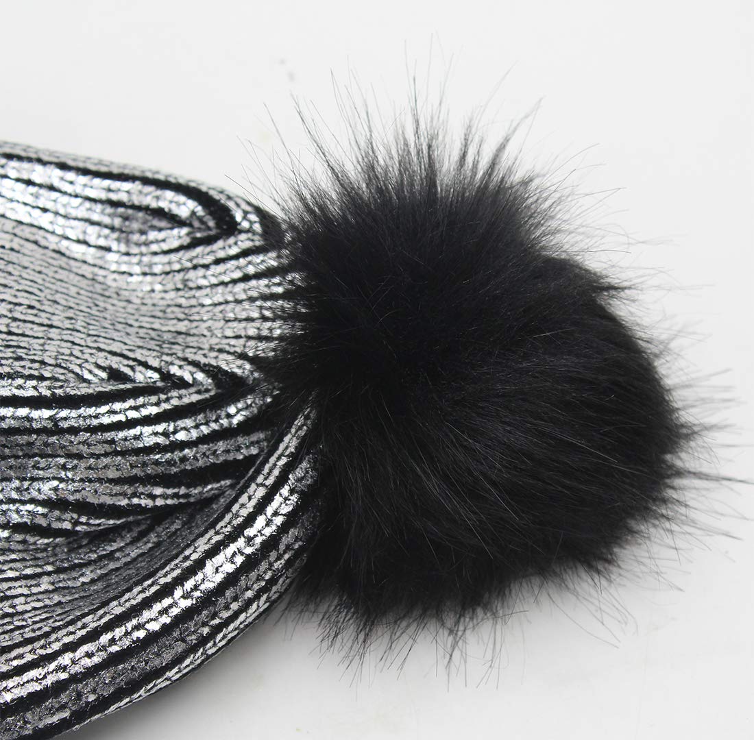 BabyPrice Women Girls Metallic Knitted Winter Beanie Hat Slouchy Faux Fur Pom Pom Skull Cap