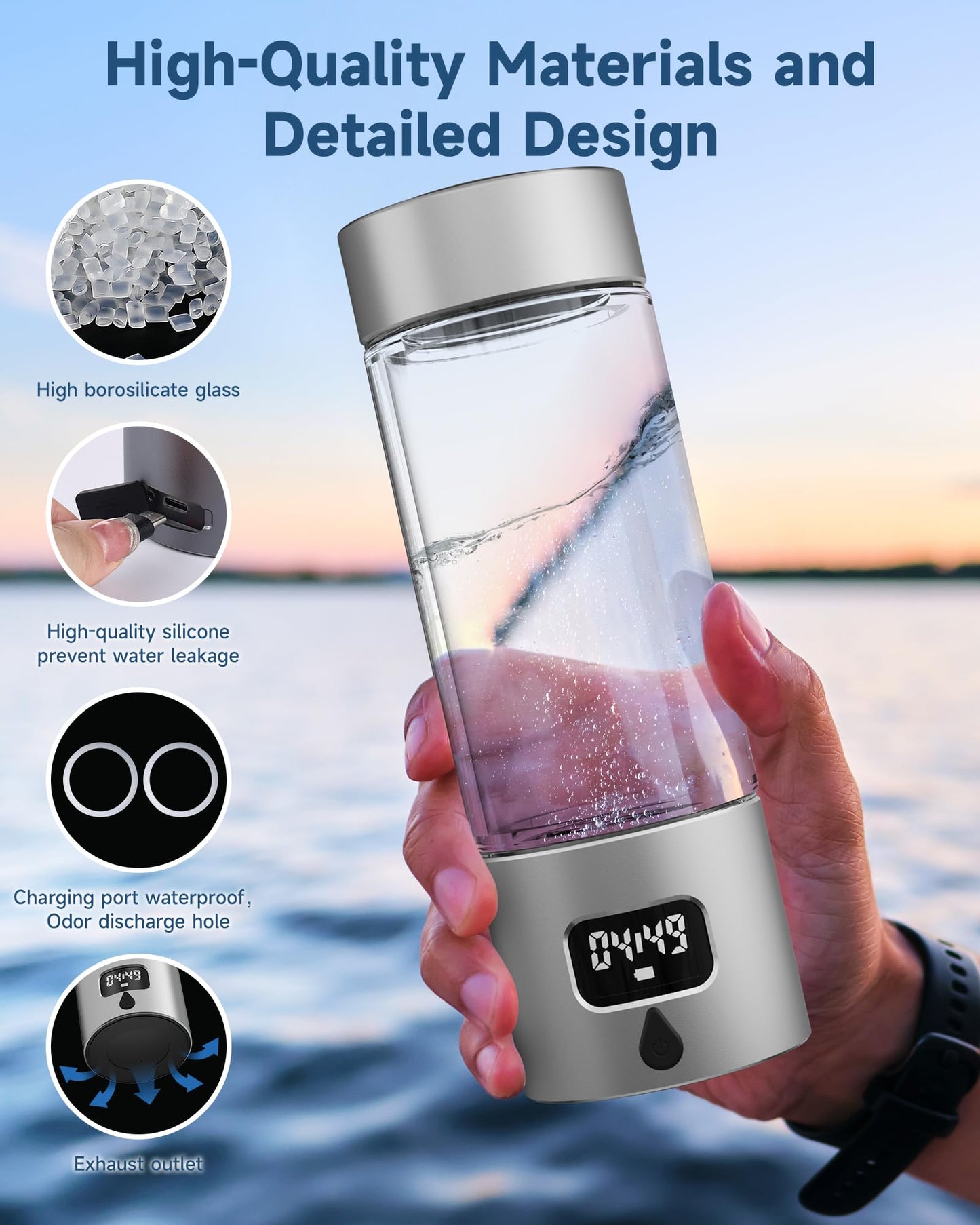 Hydrogen Water Bottle - Portable, Rechargeable, LED Timer, Aluminum and Glass, 5000 PPB Hydrogen in 10 Minutes, 340ml Capacity, FDA Certification, for Travel, Sports, Home, Office(Grey)