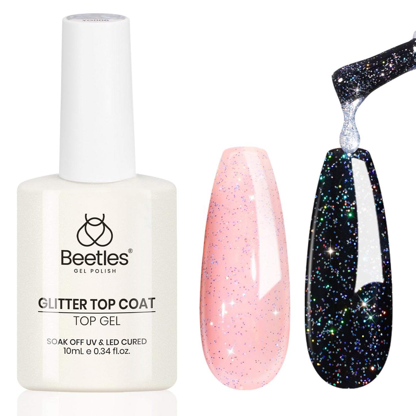 Beetles Glitter Gel Top Coat Iridescent Silver Mix Glitter Gel Nail Polish Glossy Shiny Soak Off Rainbow Shimmer No Wipe Top Coat (10ML)