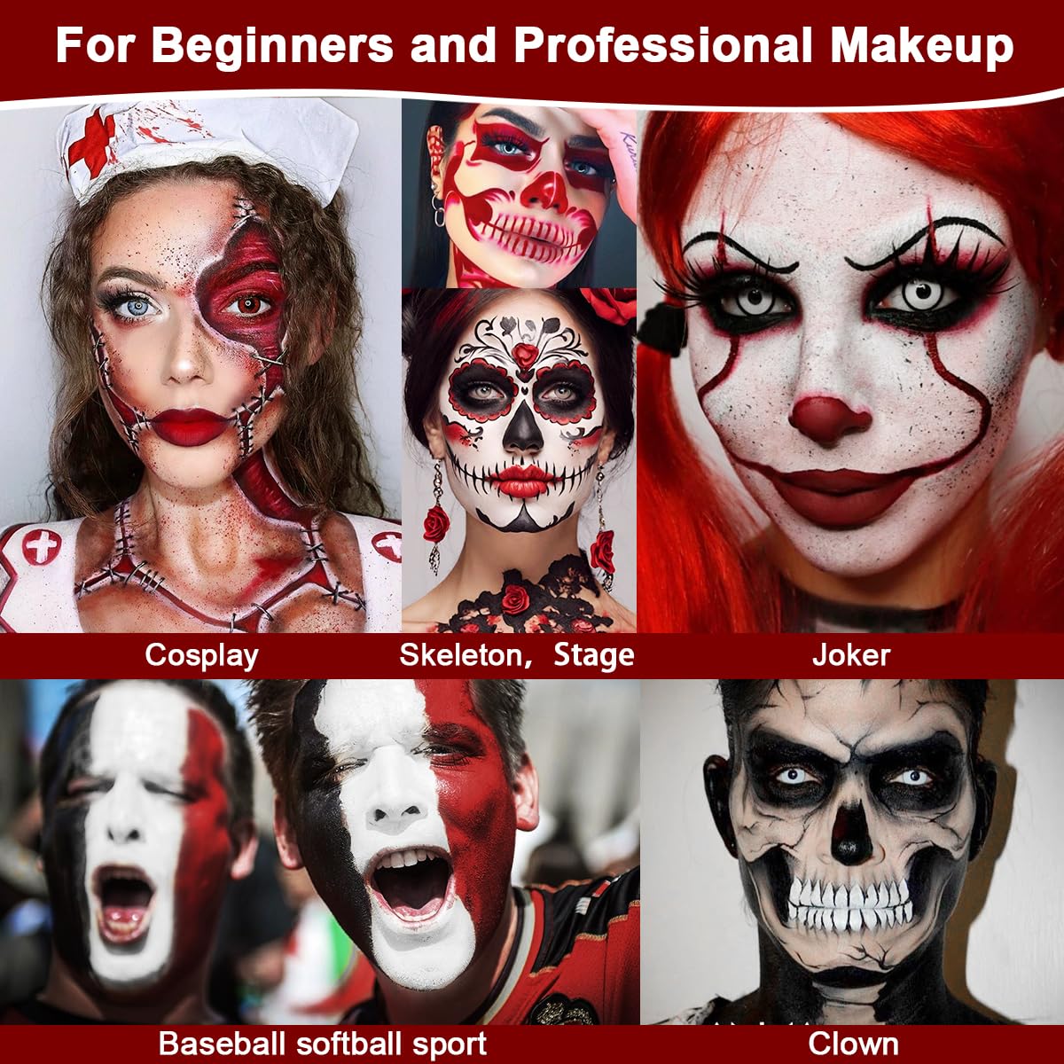 Black White Red Clown Face Paint Makeup, DE'LANCI Halloween Makeup Kit Professional White Black Body Paint, Waterproof Joker Sfx Pennywise Face Paint Makeup Zombie Vampire Skeleton Costume