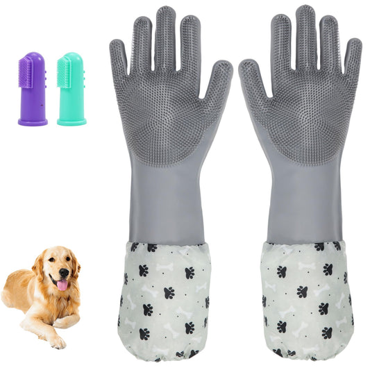 ROBATUN Dog Washing Gloves 2 Pack, Silicone Pet Hair Removal Glove with Soft Bristles & Finger Toothbrushes, Reusable Deshedding Scrubber for Dogs & Cats, Deep Cleaning & Anti-Slip Cuff