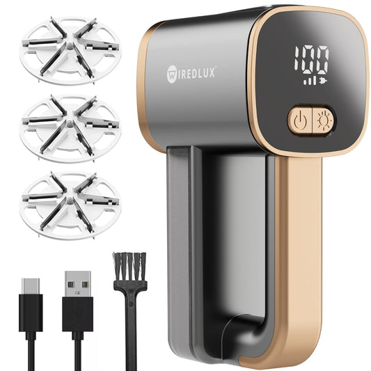 WiredLux Electric Lint Remover - Rechargeable Fabric Shaver for Clothes & Couch - Adjustable 3-Speed, 6-Leaf Blade, LED Light, USB Charging - Depiller with Dual Protection (Graphite Grey/Copper)