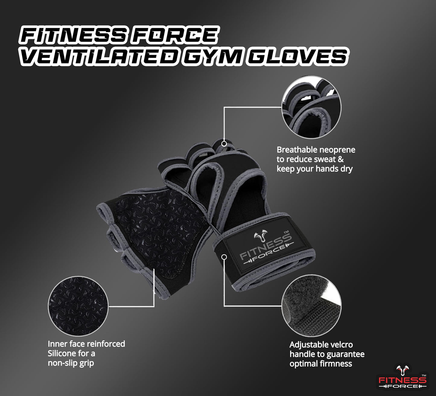 FITNESS FORCE Ventilated Gym Gloves for Men with Built-in Wrist Support for Workouts Weightlifting Gloves Workout Gloves for Women