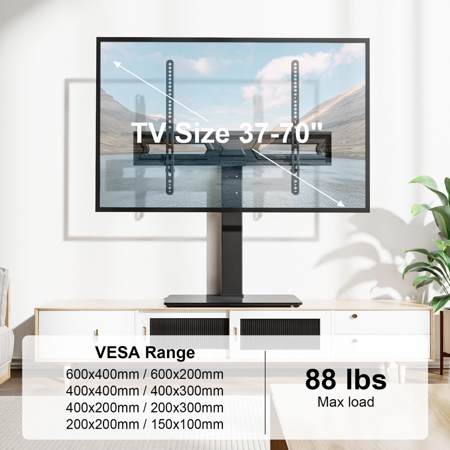 MOUNT PRO Universal Swivel TV Stand Base, Table Top TV Stand for 37 to 65, 70, 75 Inch LCD LED TVs, Height Adjustable TV Mount Stand with Tempered Glass Base, Holds up to 88lbs, Max VESA 600x400mm