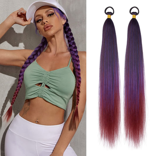 Braided Ponytail Extension with Hair Tie Purple Gradient Straight Wrap Around Hair Braid Extensions Ponytail Natural Soft Synthetic Hair Piece for Women Daily Wear (Black/Purple/Bug#)