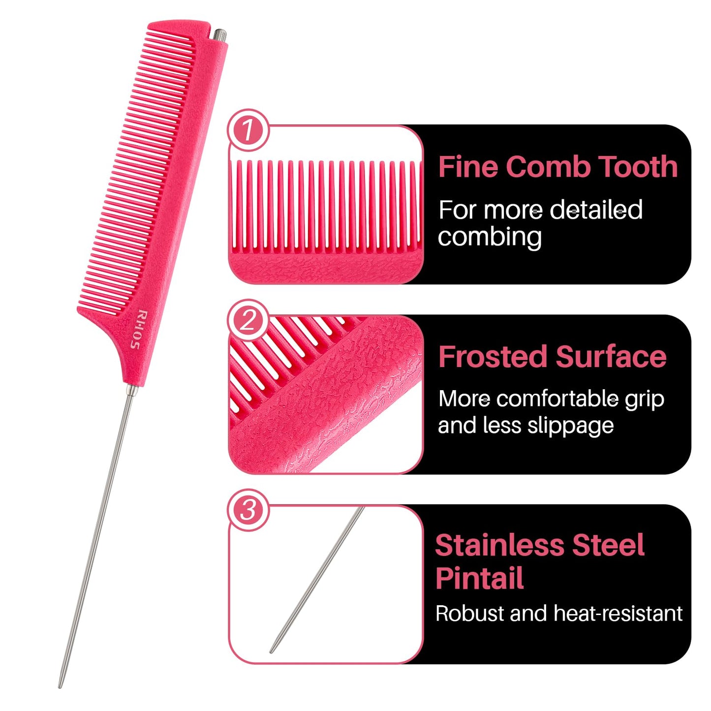 RHOS Retractable Fine Tooth Comb for Hair Parting, Styling, Cutting and Braiding - Carbon and Stainless Steel Pin Tail Comb (Pink)