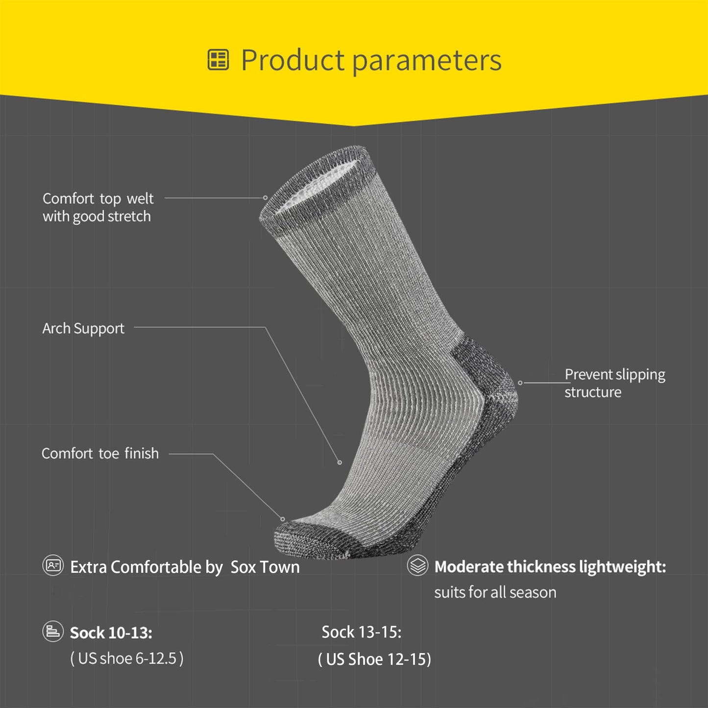 SOX TOWN Men's Merino Wool Cushion Crew Socks Moisture Wicking Control for Outdoor Hiking Work Boot Thermal Warm All Seasons(Black M)