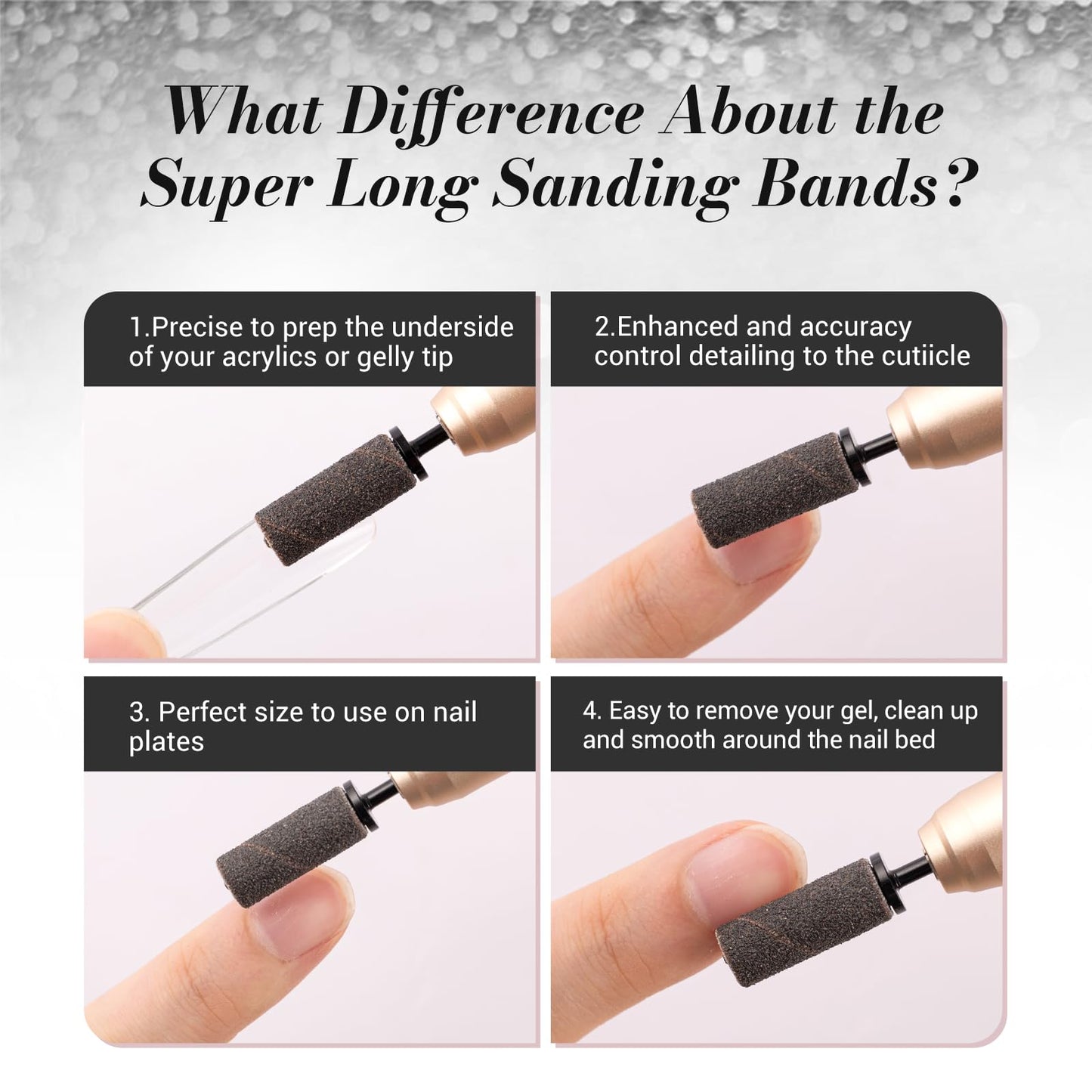 MelodySusie 50 Pcs Nail Drill Bits Super Long Sanding Bands with 6.65mm Crystal Mandrel Bit, 120 Medium Grit Nail File for Acrylic Nails Gel Manicures and Pedicure, Black