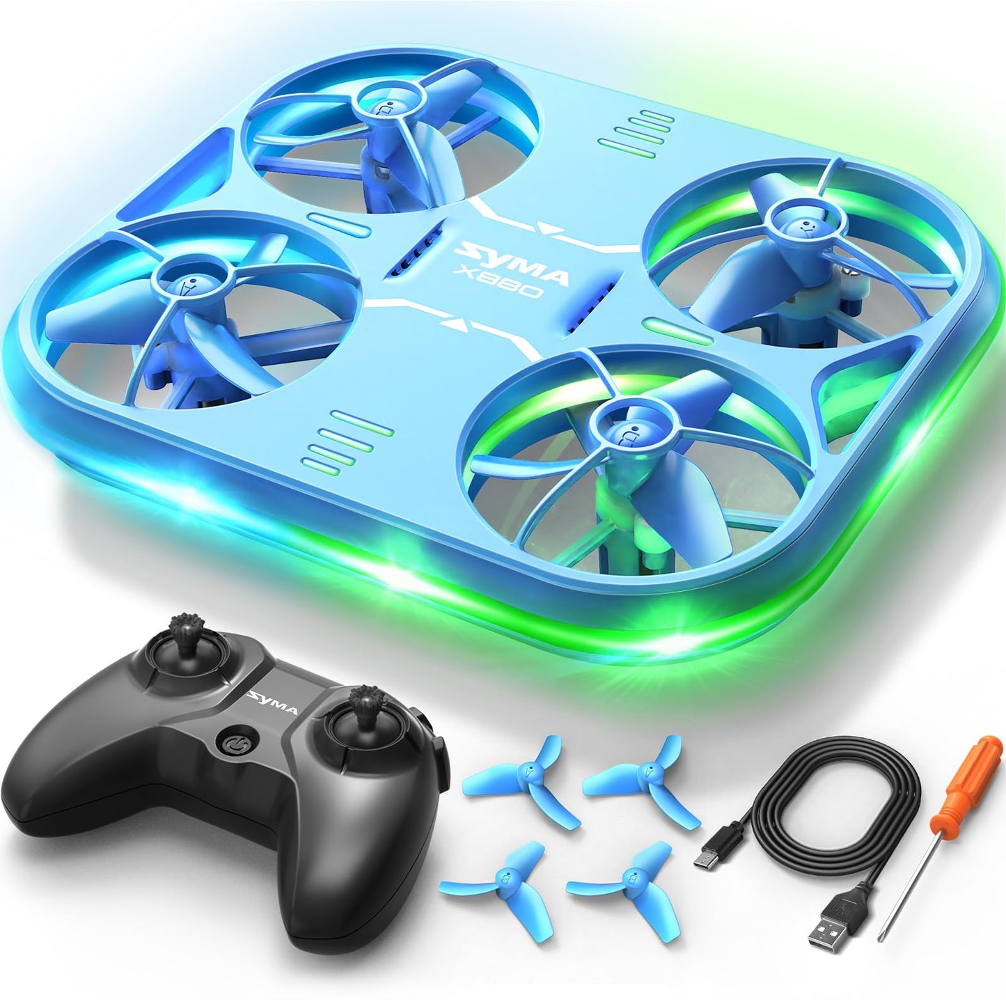 SYMA Mini Drone with LED Lights - X880 Stunt Quadcopter with 3D Flip, Altitude Hold, Headless Mode Kids Drone with Full Protection, Perfect Helicopter Toy Gift for Boys and Girls