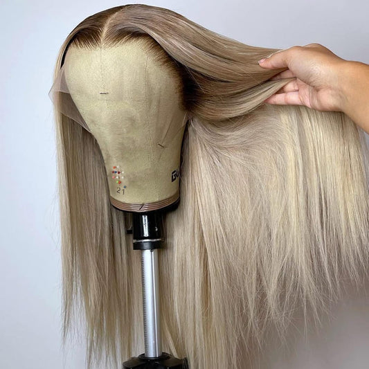 Ash Blonde Wig Human Hair 13x4 Transparent Lace Front Wigs Human Hair 200% Density Ash Blonde Straight Lace Front Wigs for Black Women Pre Plucked Dark Brown Roots Platinum HD Lace Frontal Wig 26 Inch