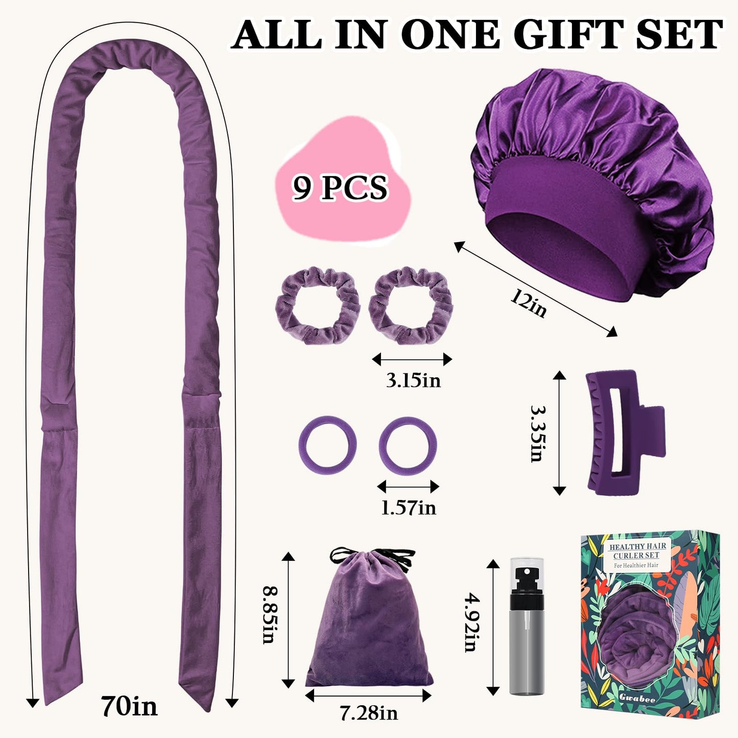 Gwabee No Heat Overnight Curls Headband to Sleep In, 70" Soft Ribbon Curl Wrap for Long Hair - 9 PCS Curling Rods Set with Bonnet, Purple