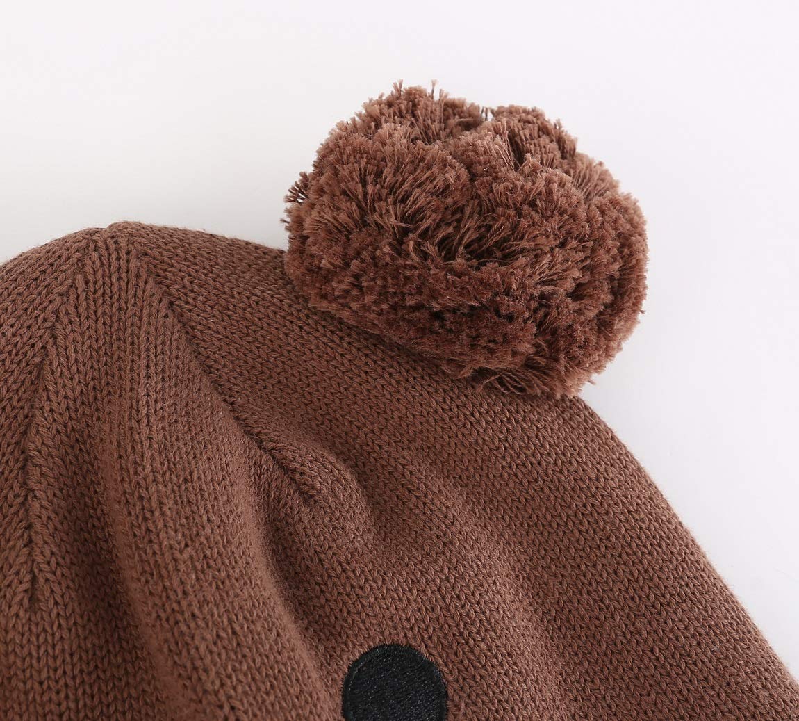 LLmoway Kids Beanie Hat Toddler Boys Knit Cap Winter Warm Cute Earflap Skull Pom Pom Hat Brown, 2-ply