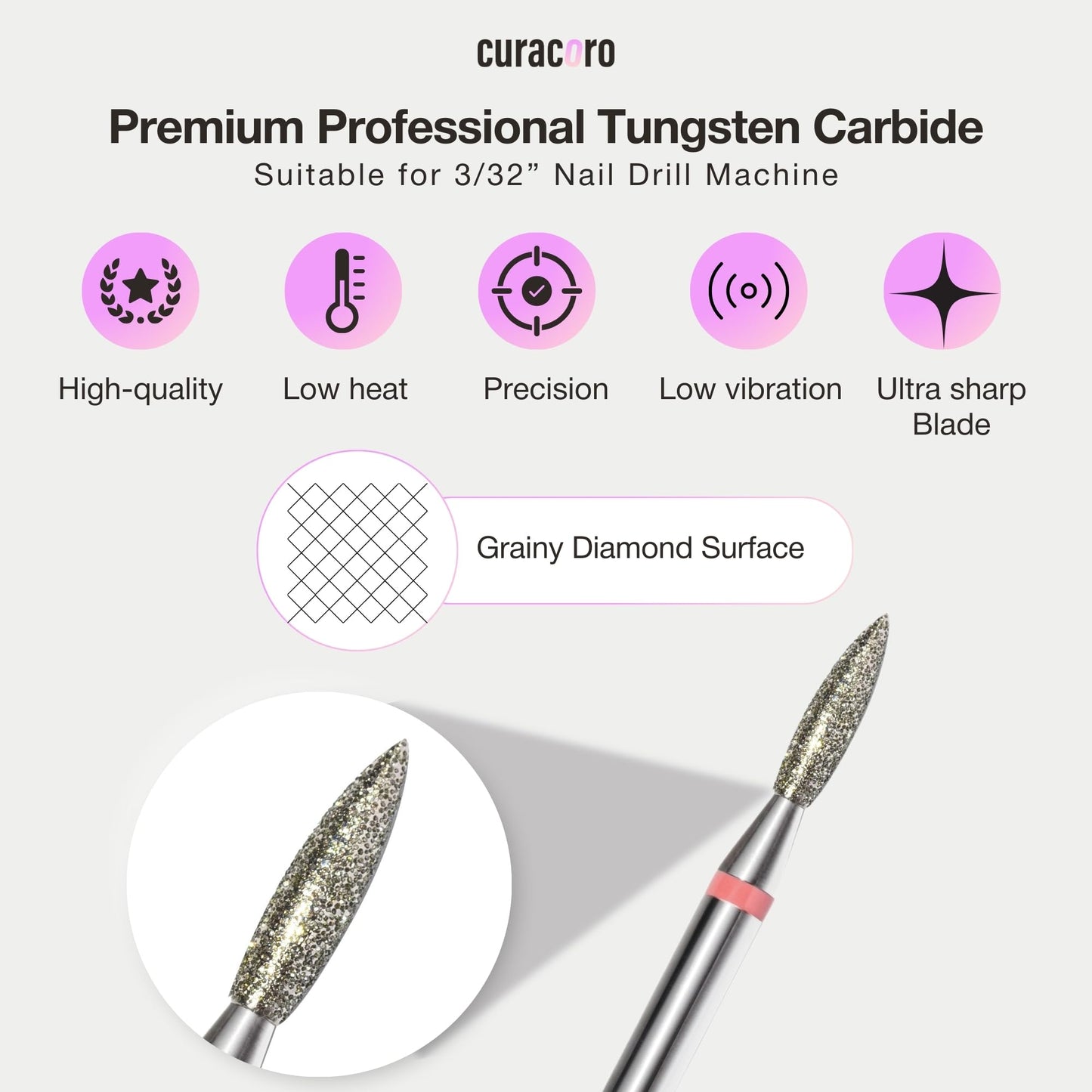 Curacoro Cuticle Nail Drill Bit 3/32'' - 2.1mm Flame Shape Diamond Bit (Coarse) for Professional Finish, Refine & Smooth Acrylic or Gel Nails, Nail Art Pedicure Manicure Salon & Home