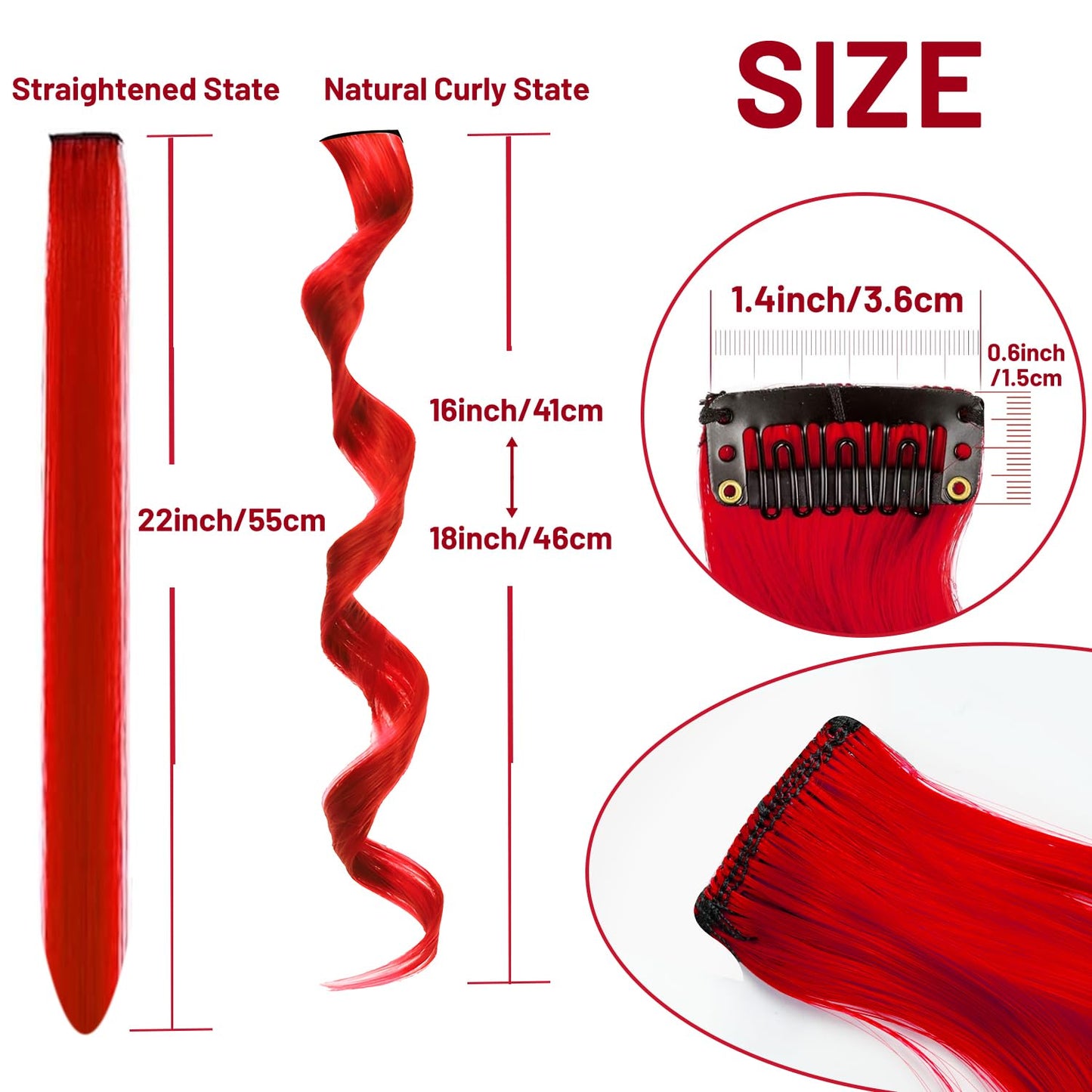 TOFAFA 16 Pcs Colored Hair Extensions Curly Wavy Clip in Synthetic Hairpiece Streak for Girls Women Kids,Multi-colors Party Highlights Cosplay Festival Gift(Red)