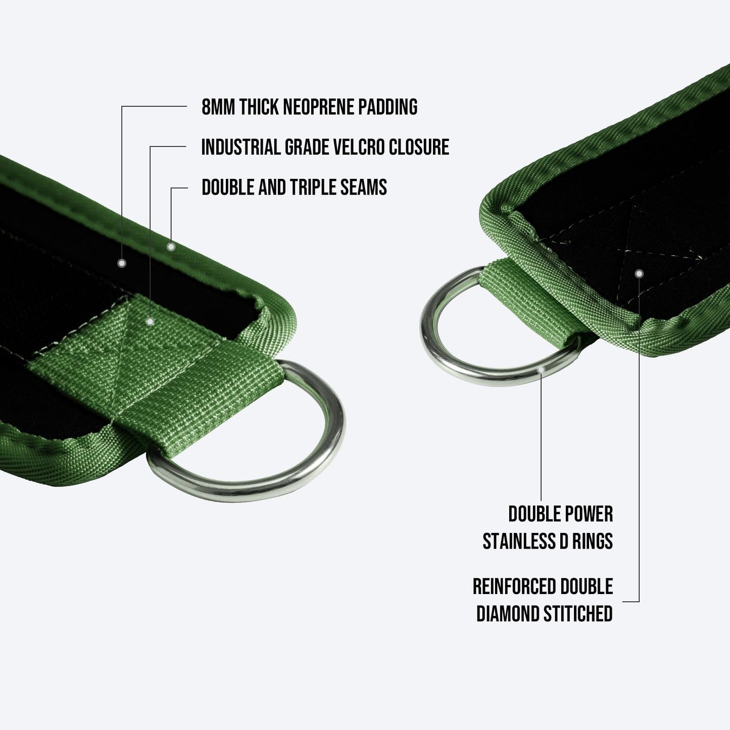 Slim Panda Ankle Strap for Cable Machine,Ankle Cuff for Kickbacks, Booty Hip Abductors,Glute Workouts, Leg Extensions, Curls for Men and Women, Adjustable with Double D-Rings (Pair, Green)