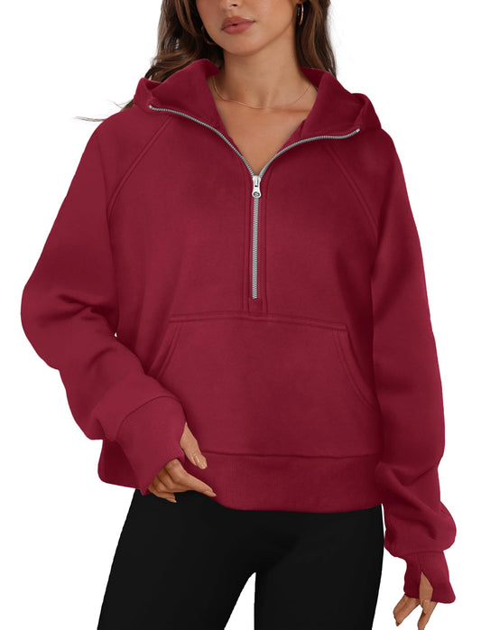 XIEERDUO Half Zip Sweatshirts Cropped Hoodies Fleece Jackets Womens Quarter Zip Up Pullover Fall Outfits 2025 Winter Clothes Red M