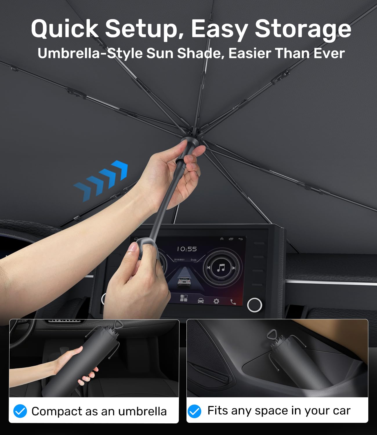 Zanch 2025 Upgraded Car Windshield Sun Shade [Cool Down by 75℉ ] with Heat Insulation Coating, Foldable Sunshade Umbrella Flexible Handle & Ribs, Medium (57''x32'') for Car, SUV, Truck, Van