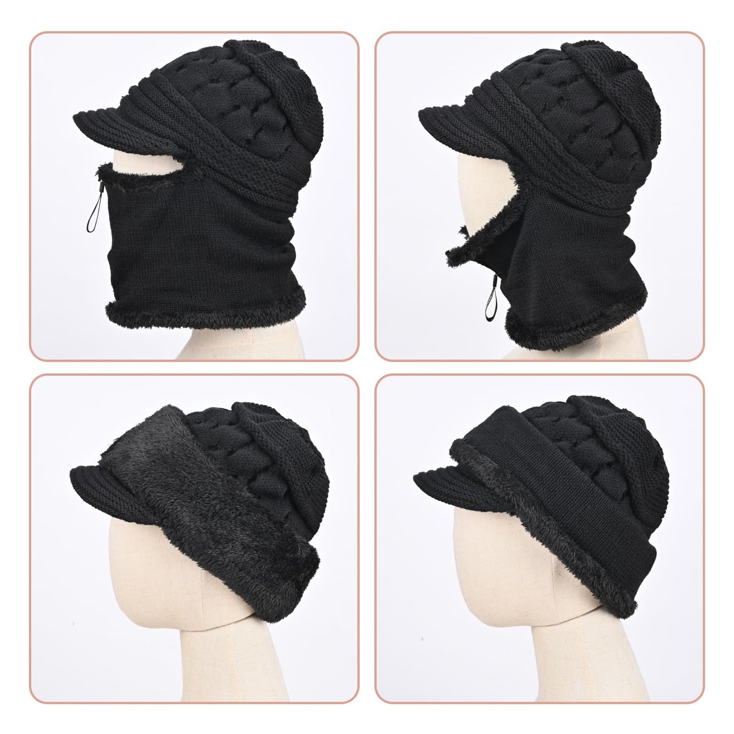 Yonchic Fleece Lined Beanie Hat, Elastic Soft Ear Protection Knitted Scarf Mask Hat with Zipper, Face Neck Warmer Set for Women (Black)