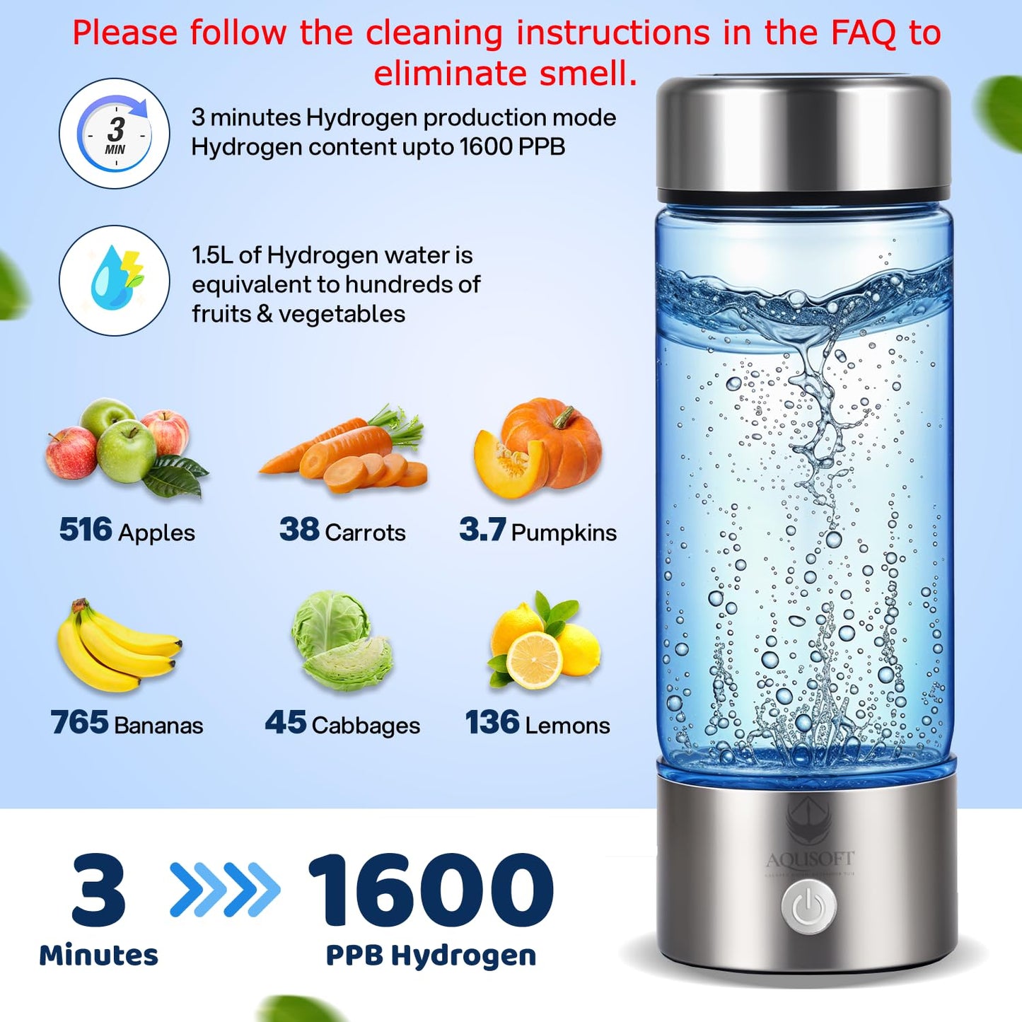 AQUSOFT Portable Alkaline Hydrogen Water Bottle with SPE PEM Technology | Type-C USB Rechargeable 1600 PPB Hydrogen Rich Water in 3 Minutes | Borosilicate Glass Water Cup | 2-in-1 Usage Modes | 420ml