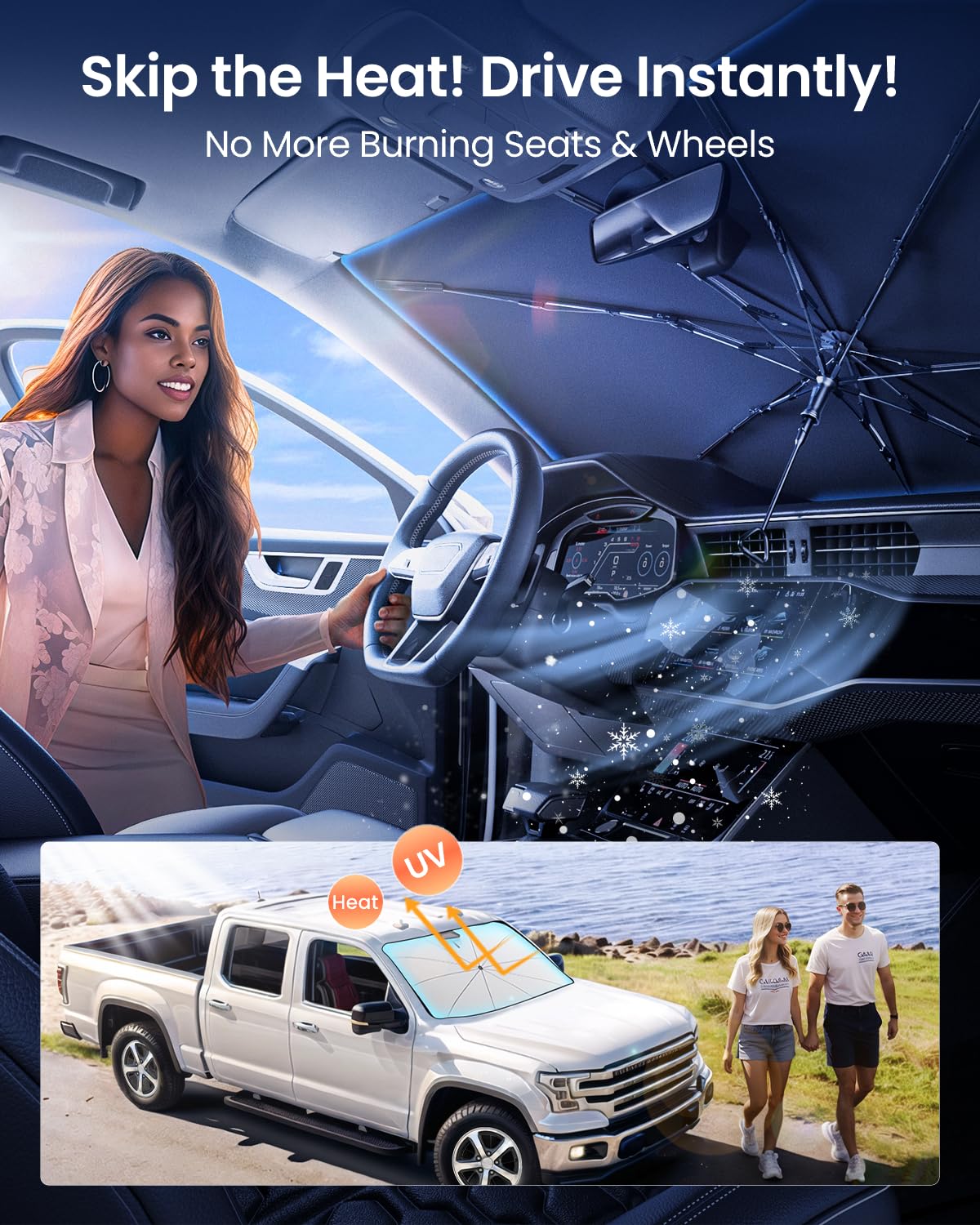 REEVAA 2025 Car Windshield Sun Shade Umbrella [2025 Upgrade Sun Protection & Keep Cool] Protect Interior, 360° Flex Handle Sun Shield Sunshade, Medium (57" x 32") for Most Car