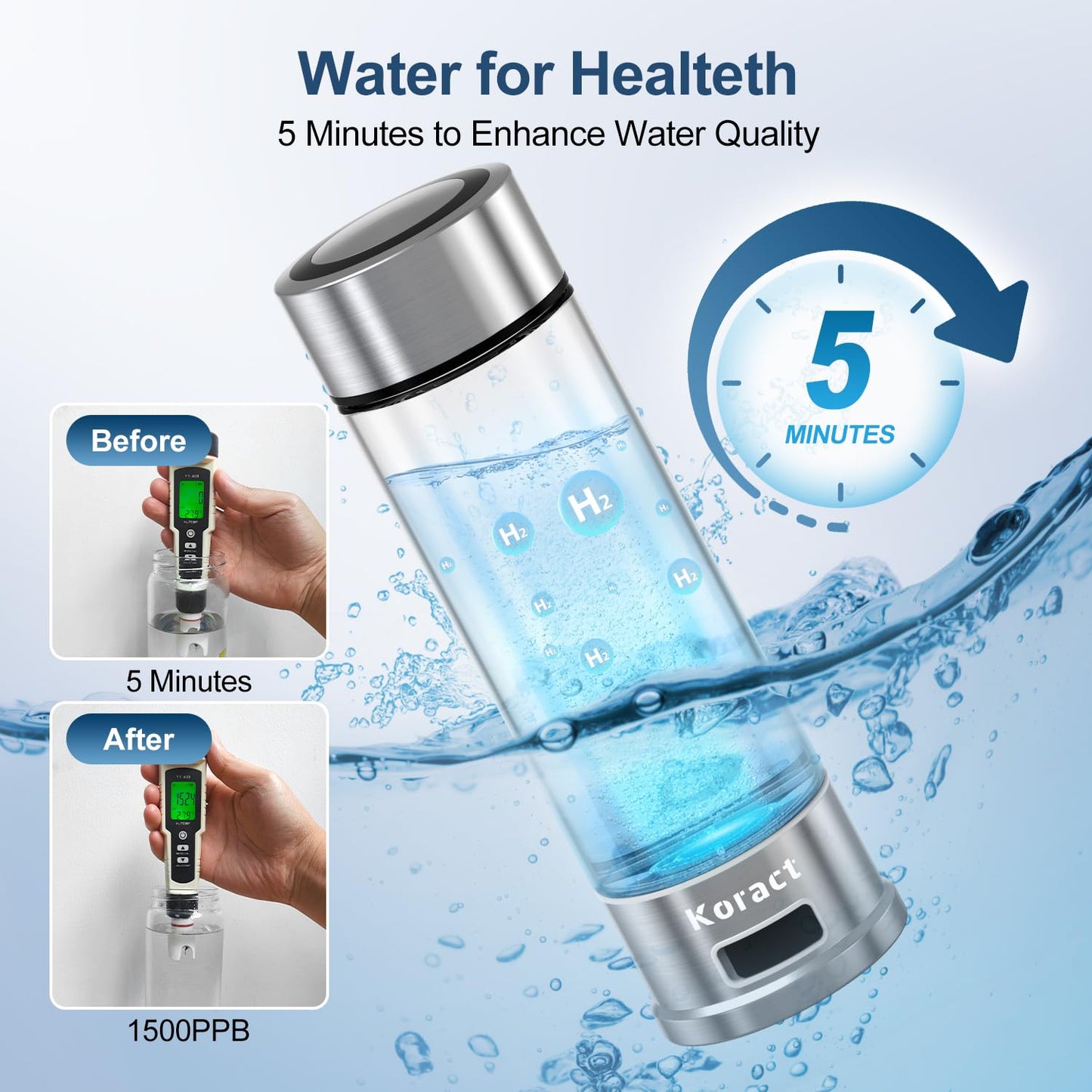 Hydrogen Water Bottle 1500PPB Portable Hydrogen Water Bottle Generator Glass, Hydrogen Rich Water Dispenser with SPE & PEM Technology, for Home Office Fitness Travel Outdoor Sports (Silvery)