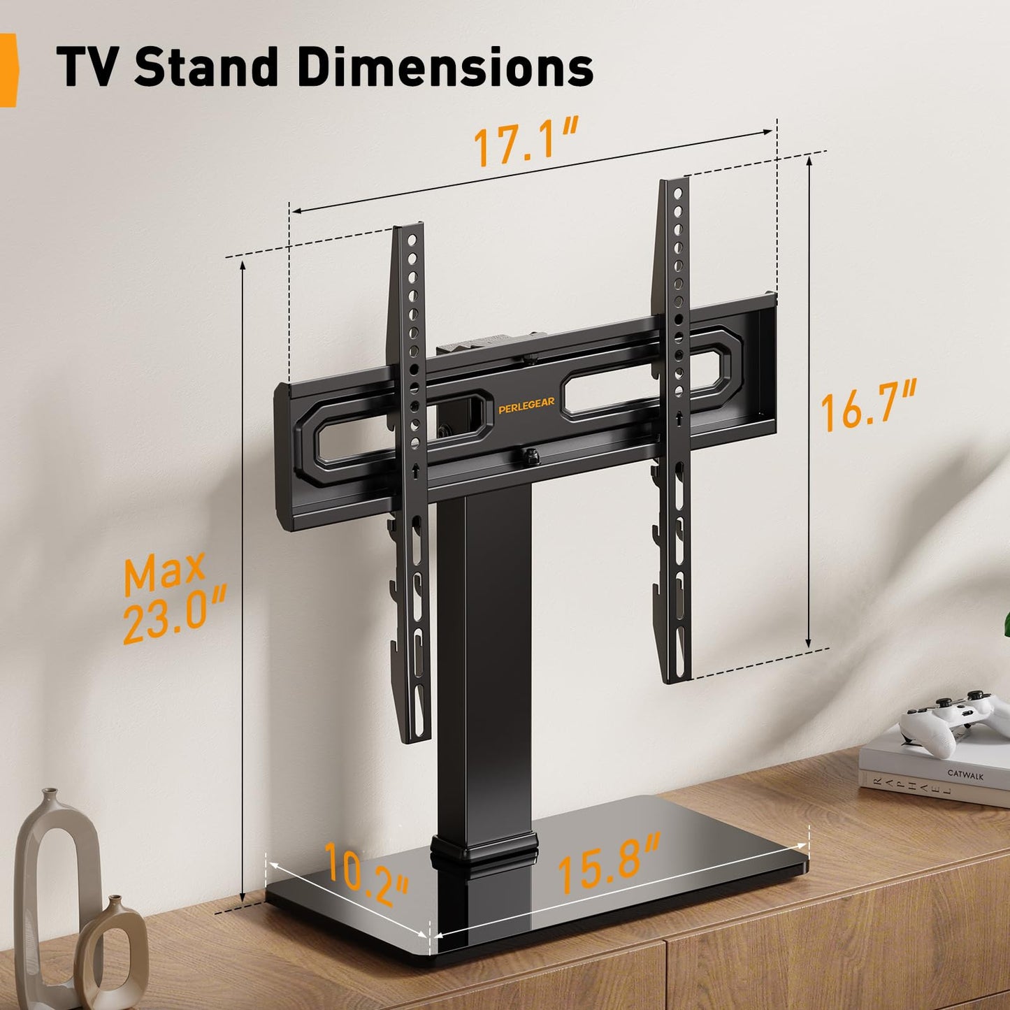 Perlegear TV Stand Mount, Universal Swivel TV Stand for 32–65 Inch LCD/LED/OLED TVs up to 88 lbs, TV Legs with Tempered Glass Base, Height Adjustable TV Base Stand with Tilt, Max VESA 400x400mm