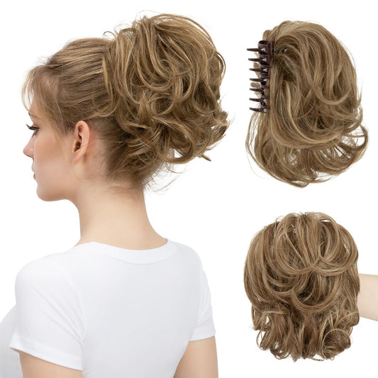 youngways Claw Clip Short Ponytail Messy Bun Hair Piece Bendable Hair Branch Extensions Fluffy Wavy Curly Synthetic Versatile Pecan Hairpieces
