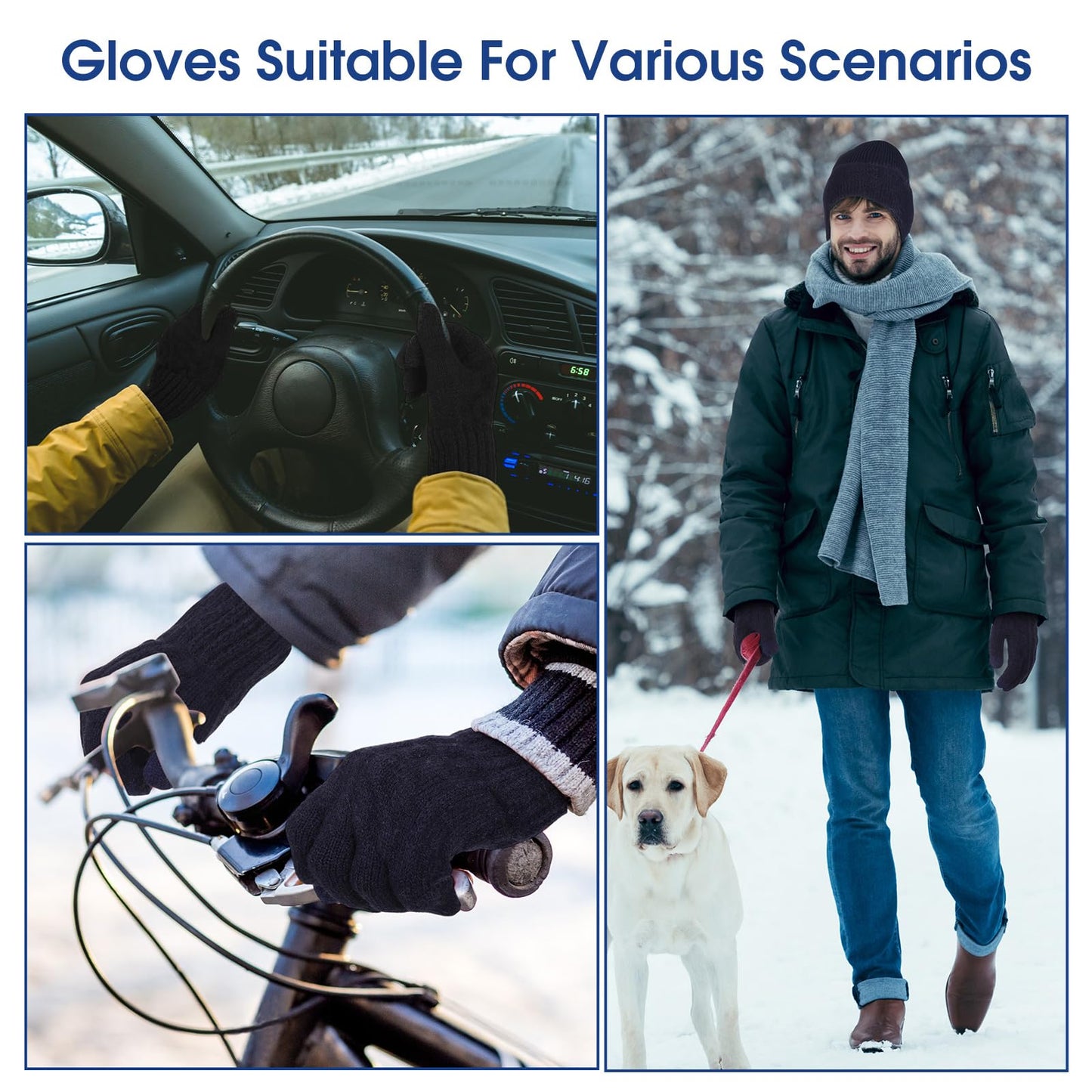 Jeere 4 Pcs Winter Beanie Hat with Earflap Gloves for Men Women Soft Warm Beanie Hat Gloves Set Knit Gloves Beanie Cap Set(Dark Grey, Dark Blue)