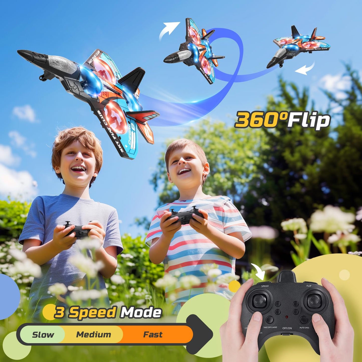 Foam Drone for Kids – RC Fighter Jet with Lights, Auto Hover, 360° Flip, 2 Batteries, Easy-to-Fly Remote Control Airplane Toy for Beginners (16 Mins Flight)