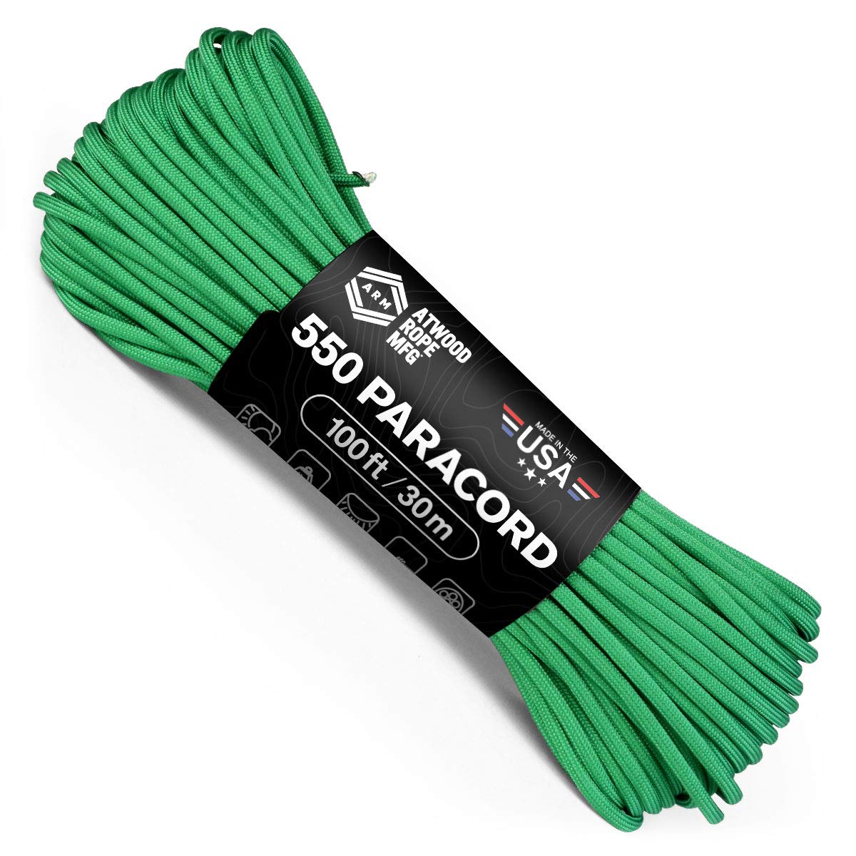 Atwood Rope MFG 550 Paracord 100 Feet 7-Strand Core Nylon Parachute Cord Outside Survival Gear Made in USA | Lanyards, Bracelets, Handle Wraps, Keychain (Green)