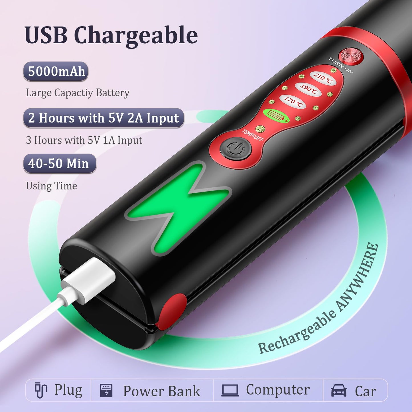 Cordless Titanium Hair Straightener and Curler, Mini Portable USB Rechargeable Fast Heat Up Flat Iron with 5V/5000mAh Battery, Anti-Scald 3-Level for Swift, Smooth and Glossy Hair, Travel Size (Black)