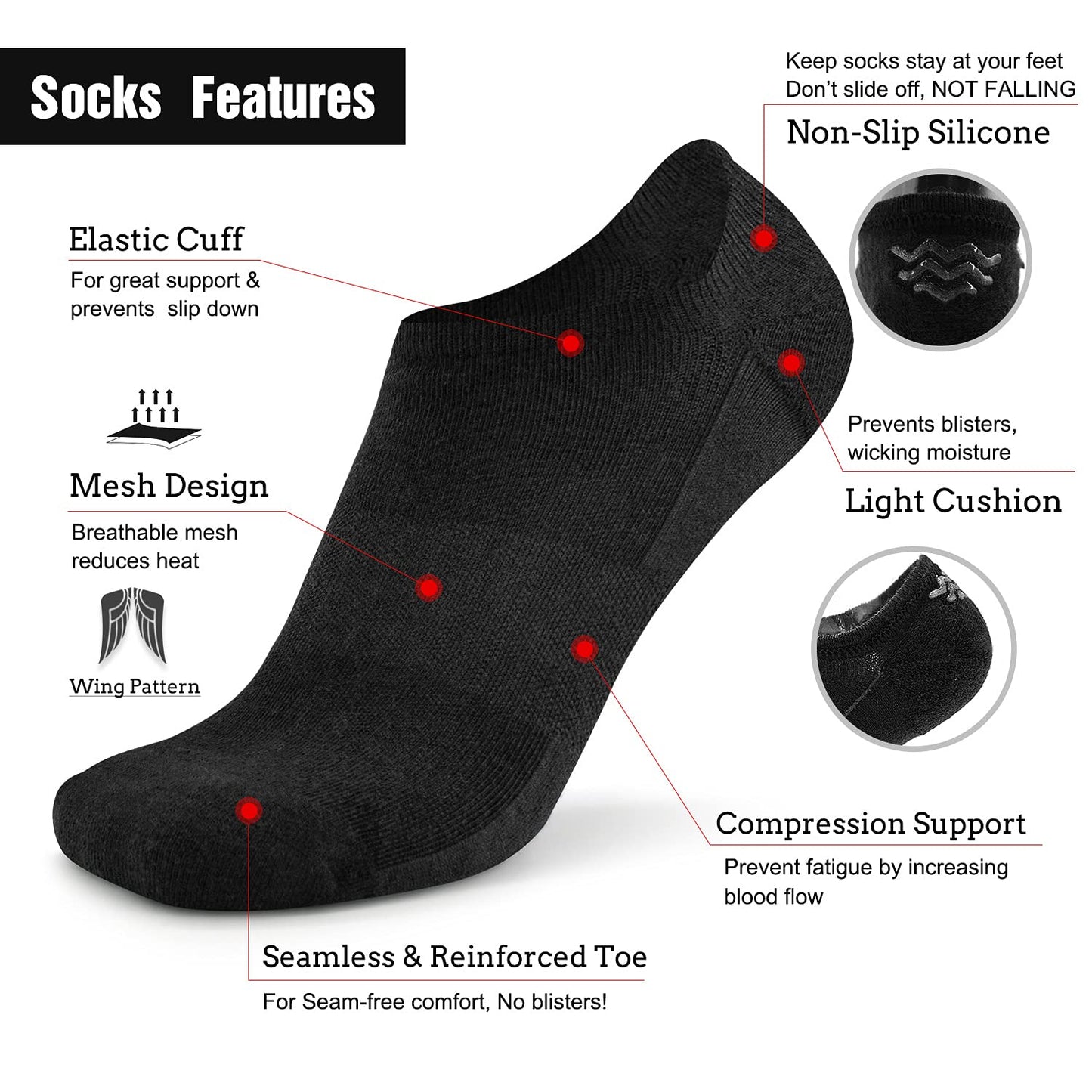 Busy Socks Women's Invisible Wool No Show Socks for Men, Men's Office Anti Slip Comfort Fit Walking Bowling Riding Running Cycling Socks, 3 Pairs, Medium, Black