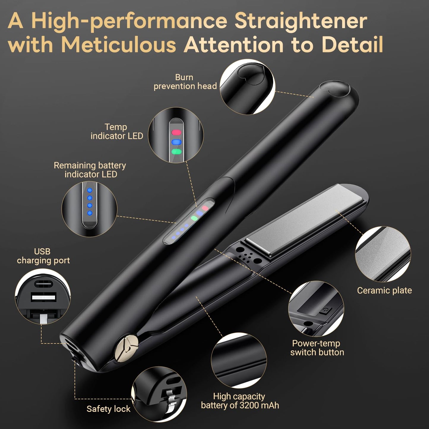 Cordless Hair Straightener and Curler 2 in 1 Ceramic Flat Iron Mini Cordless Portable Travel Hot Tools Straight Curl for Women Men USB Rechargeable with Pouch (Black)