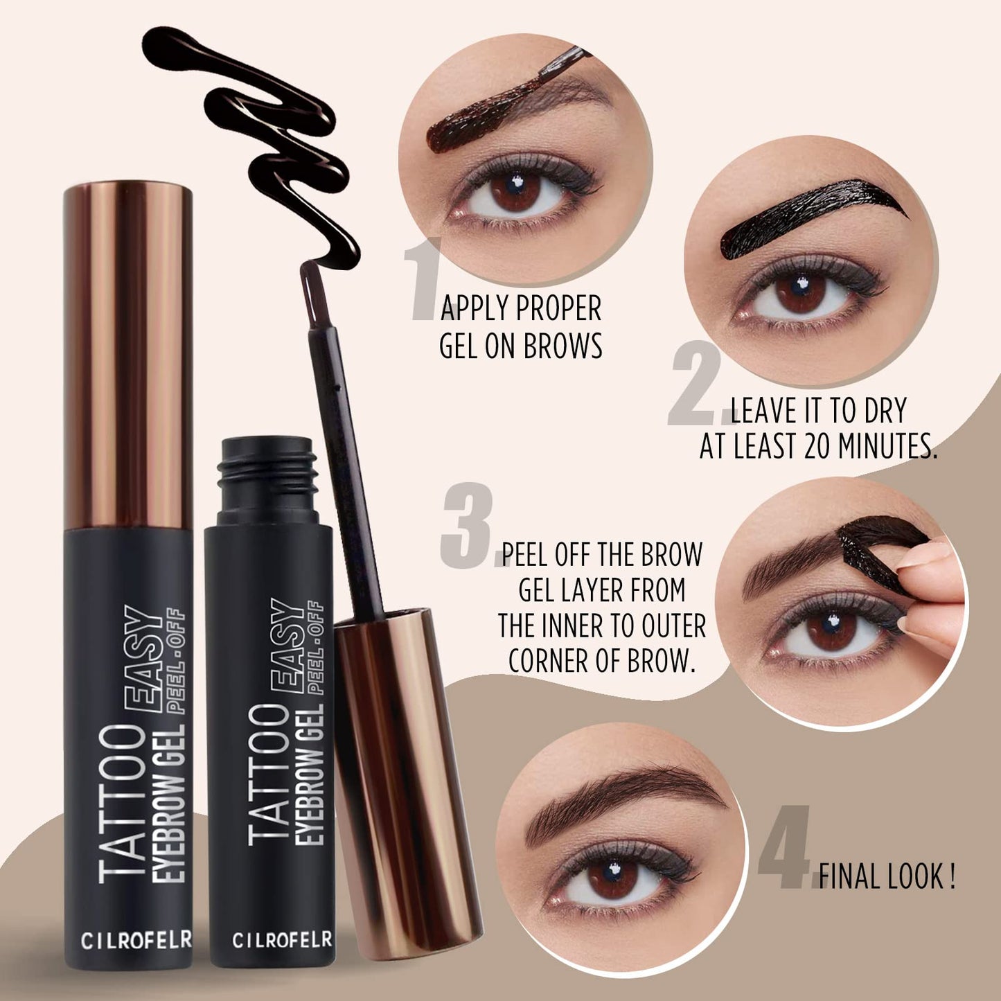 Cilrofelr Tattoo Peel Off Eyebrow Gel Tint, Semi Permanent Tattoo Brow Peel Off Tint Gel, Last Up to 3 Days, Waterproof, Transfer-proof, For Fuller & Defined Looking Brows, Dark Brown (2 Pack)