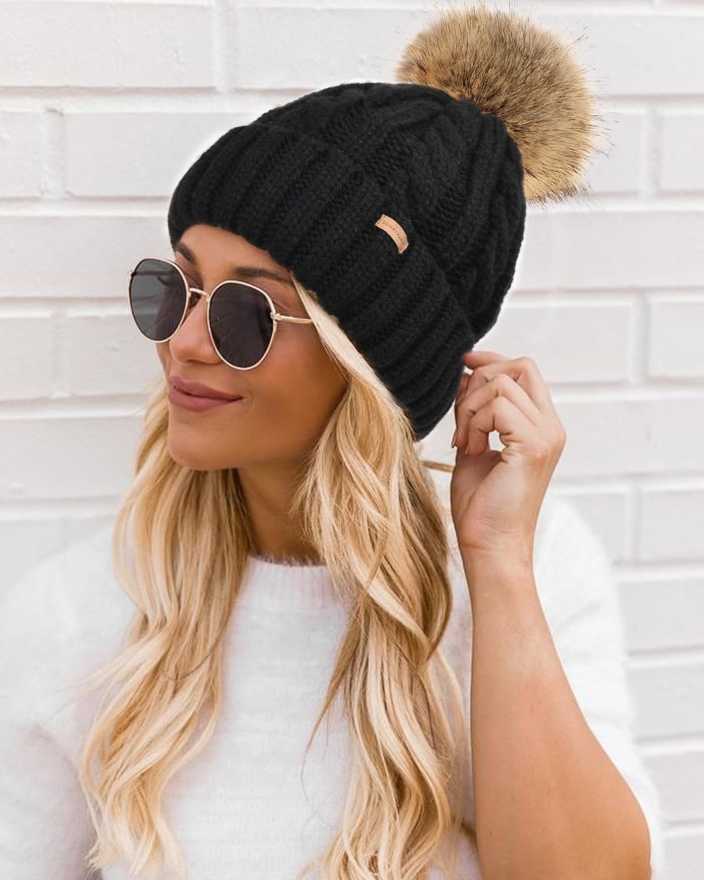 Camptrace Winter Hats for Women Chunky Knit Beanie Hat Trendy Cute Warm Skull Ski Cap Pom Pom Beanie Dark Beige