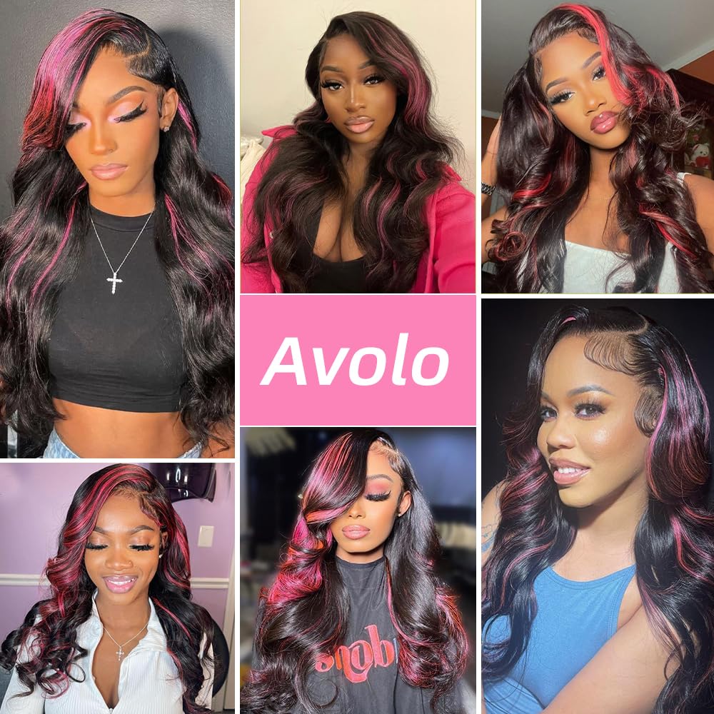 Avolo Highlight Lace Front Wig Human Hair 13x4 1B/Pink Ombre Lace Front Wig Human Hair Colored 180% Density Body Wave HD Lace Frontal Wigs Human Hair 26 Inch Skunk Stripe Ombre Pink Wig Human Hair