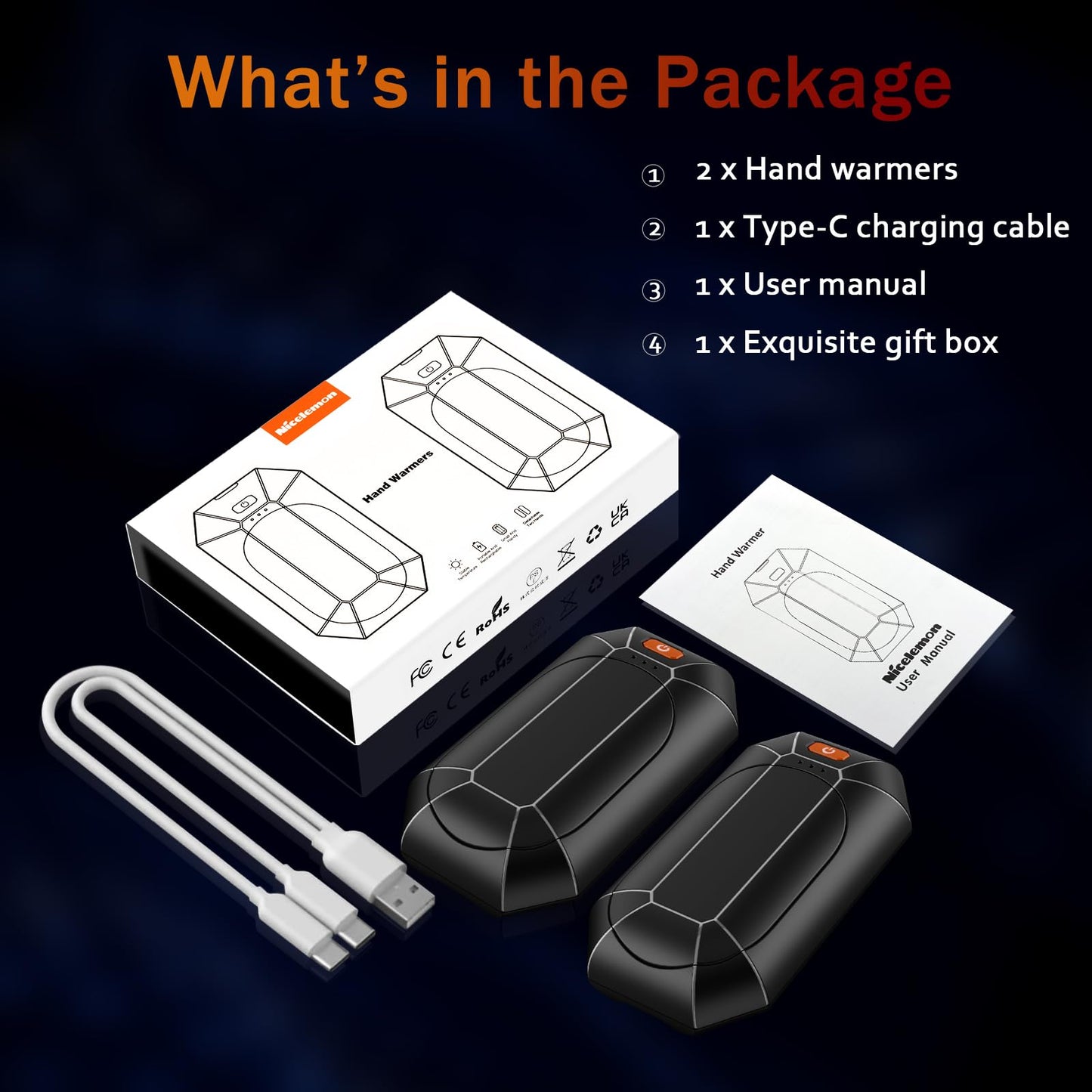 Nicelemon Electric Hand Warmers Rechargeable 2 Pack, Reusable Handwarmers, Portable Pocket Heater for Camping, Hunting, Golf, Gift for Men Women (Black)