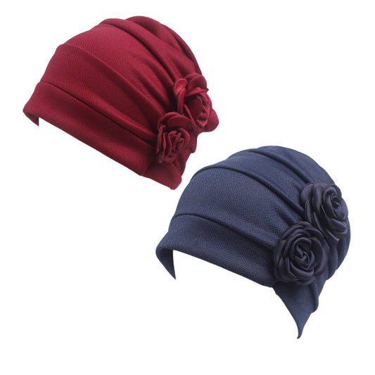 HONENNA Ruffle Chemo Turban Headband Scarf Beanie Cap Hat for Cancer Patient (Wine+Navy Blue)