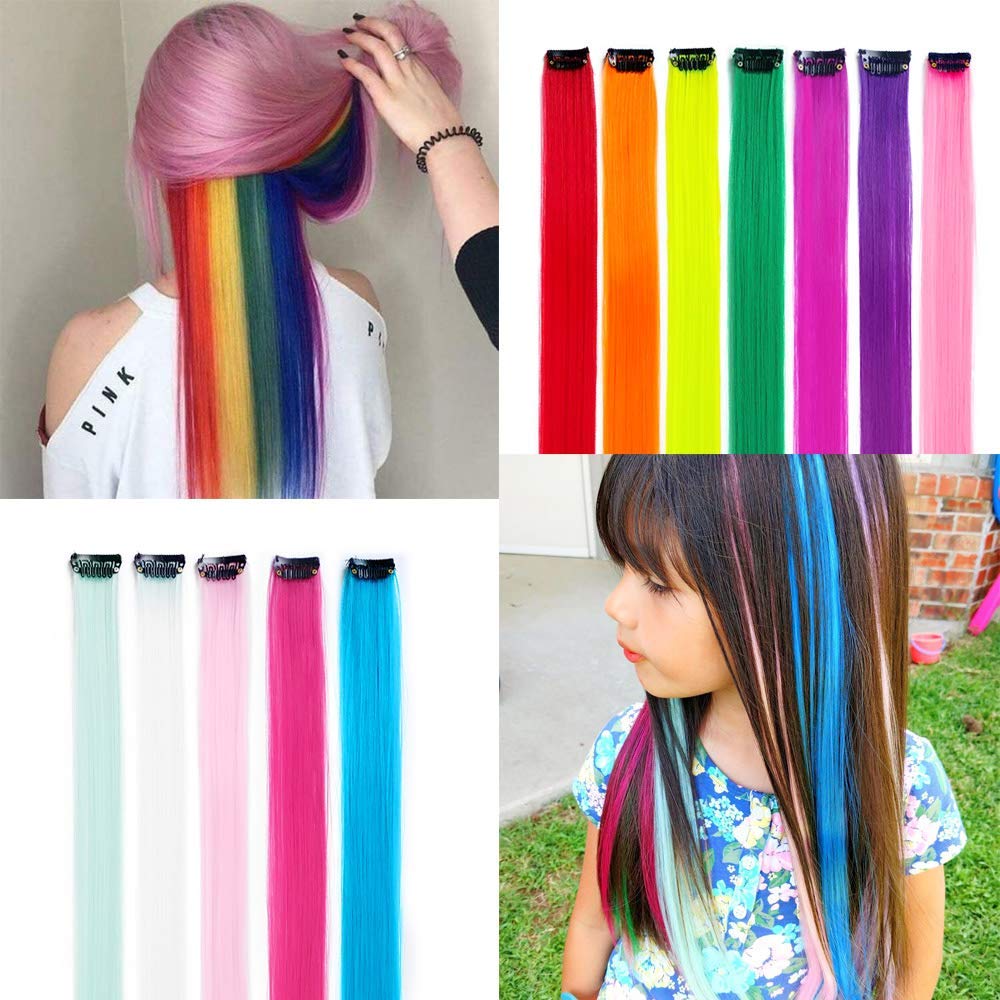 KGBFASS 32Packs Colored Hair Extensions 20Inch Straight Color Clip in on Hair Extension Rainbow Party Highlights Synthetic Hairpiece for Girls (16 colors)
