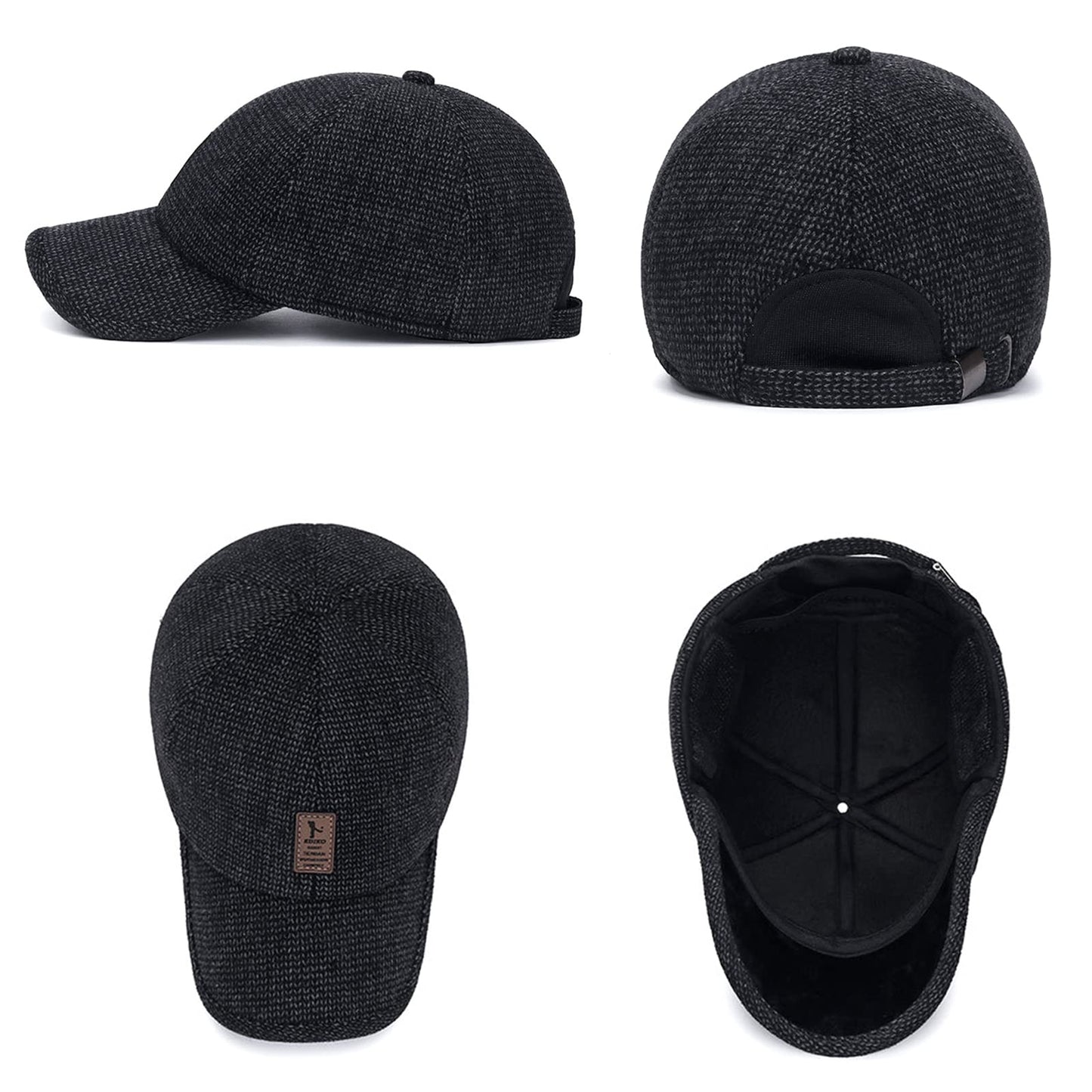 RRiody Winter Baseball Cap for Men, Adjustable Warm Outdoor Sport Golf Cap Hats Dad Caps Earflaps Thicken 55-60CM Black
